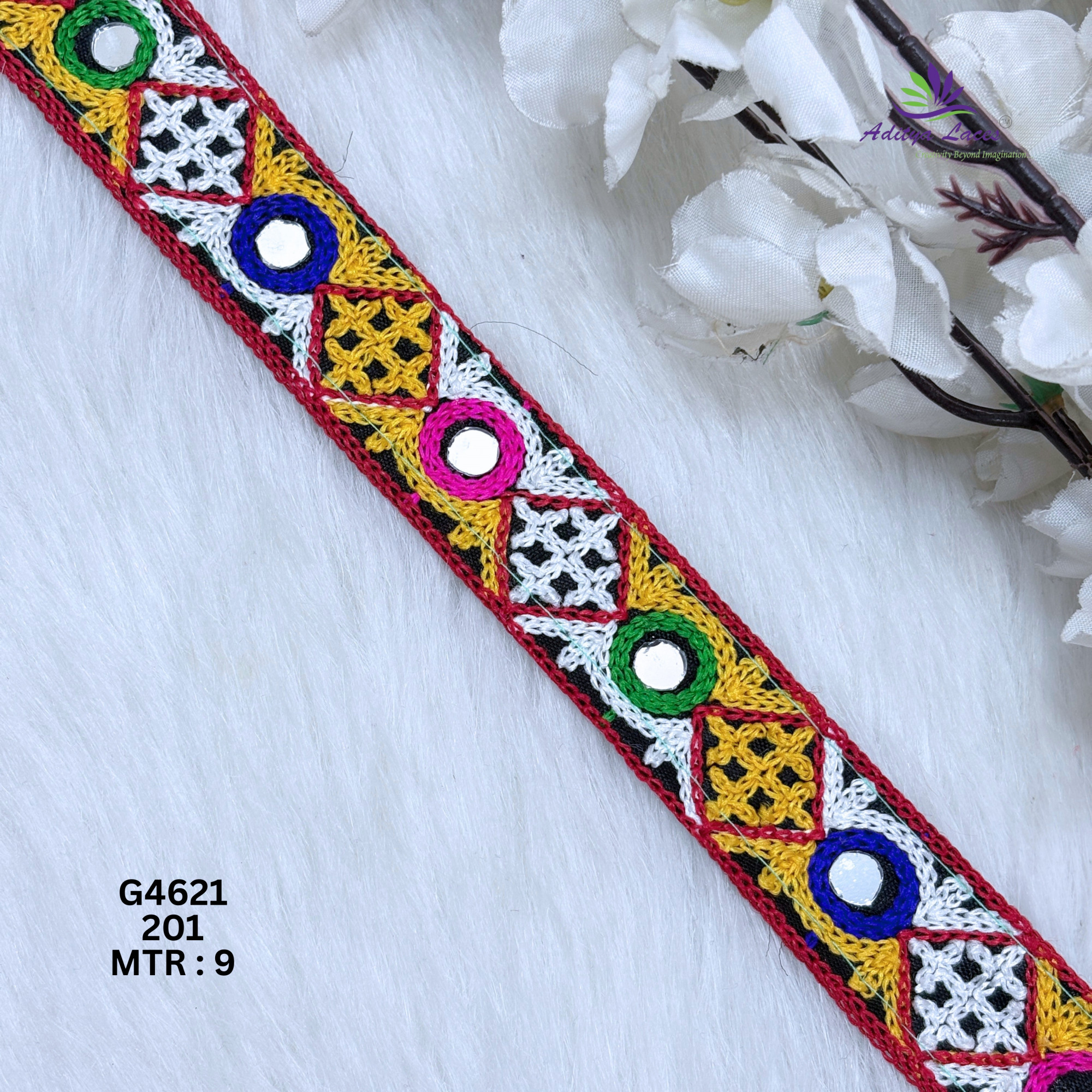 Designer Multicolor Geometric Diamond  Mirror Gamthi Lace Border for Sarees  Ethnic Wear  Traditional Embroidery Trim