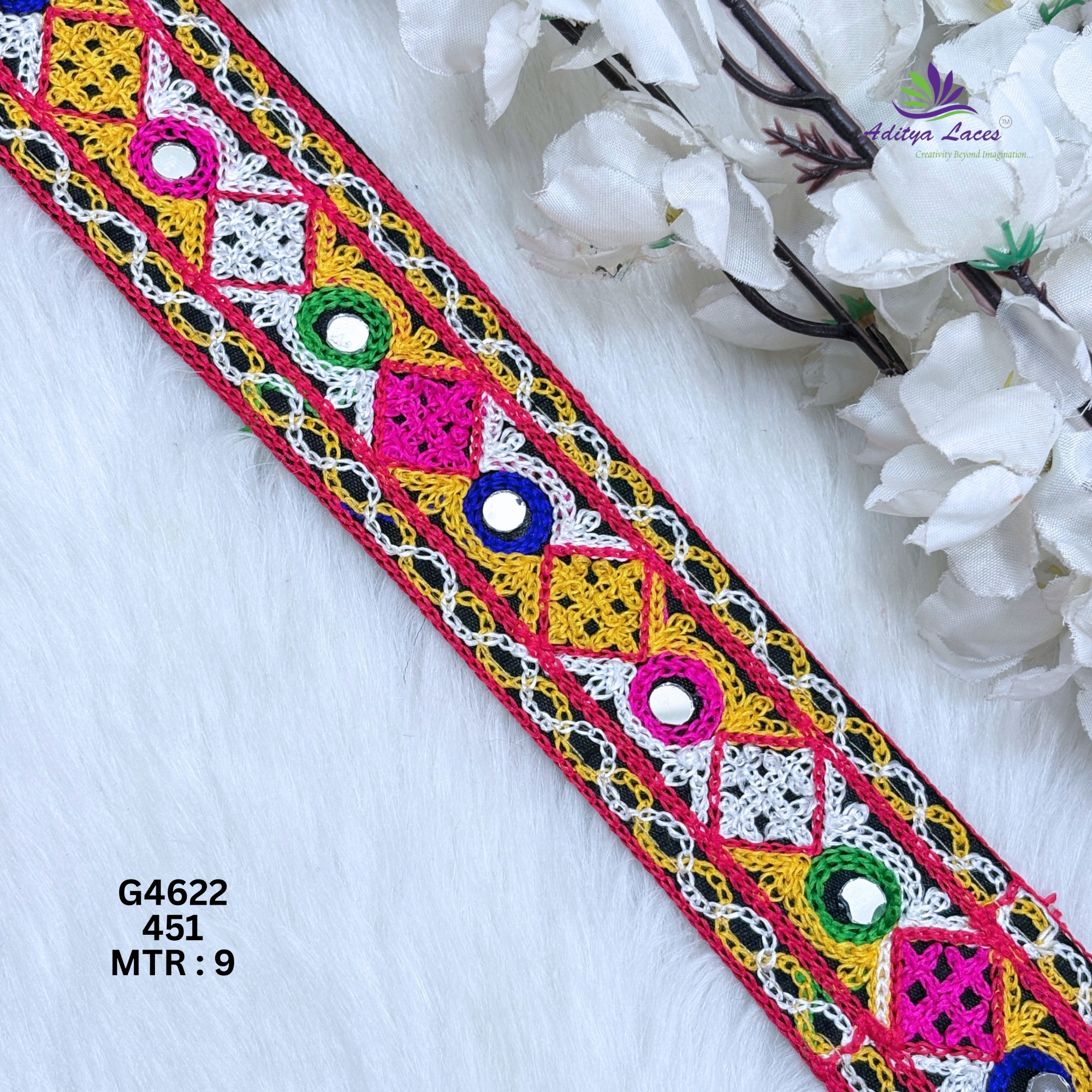 Designer Multicolor Geometric Diamond Mirror Gamthi Lace Border for Sarees Ethnic Wear