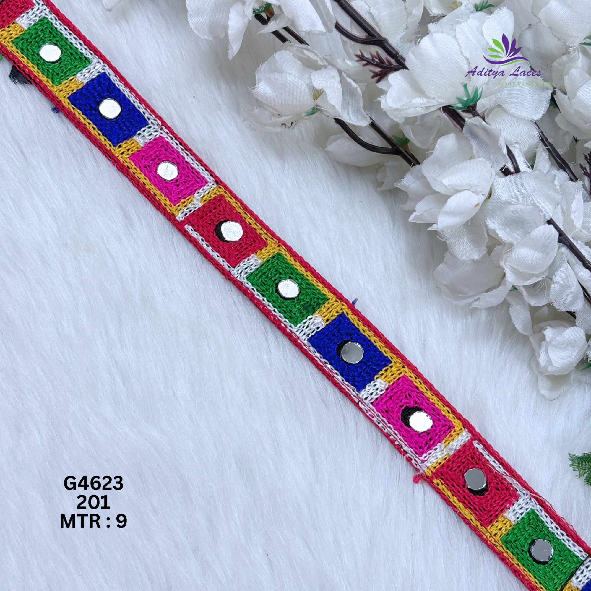 Narrow Multicolor Square Mirror Gamthi Lace Border for Sarees Blouses Bridal Wear Kutch Embroidery Trim
