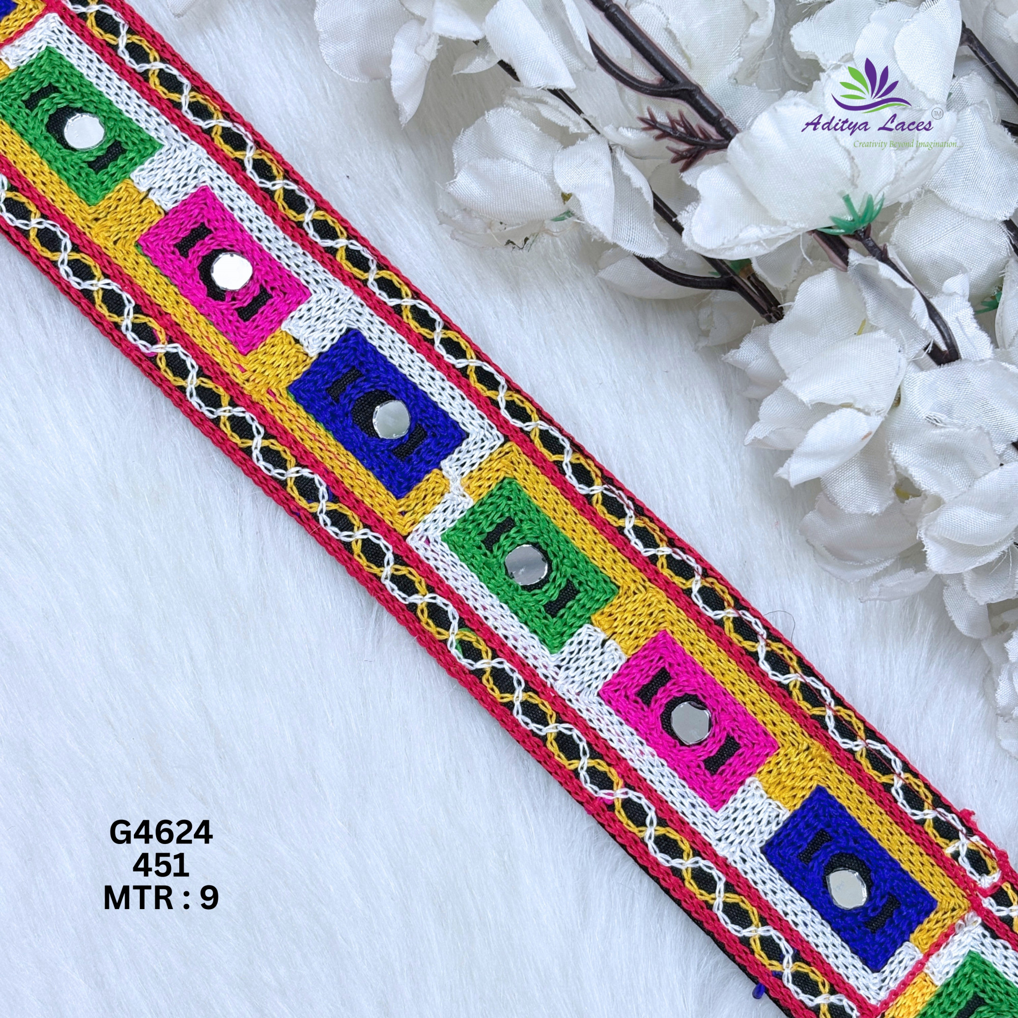 Designer Multicolor Square Mirror Gamthi Lace Border for Sarees Blouses Bridal Wear Kutch Embroidery Trim G4624