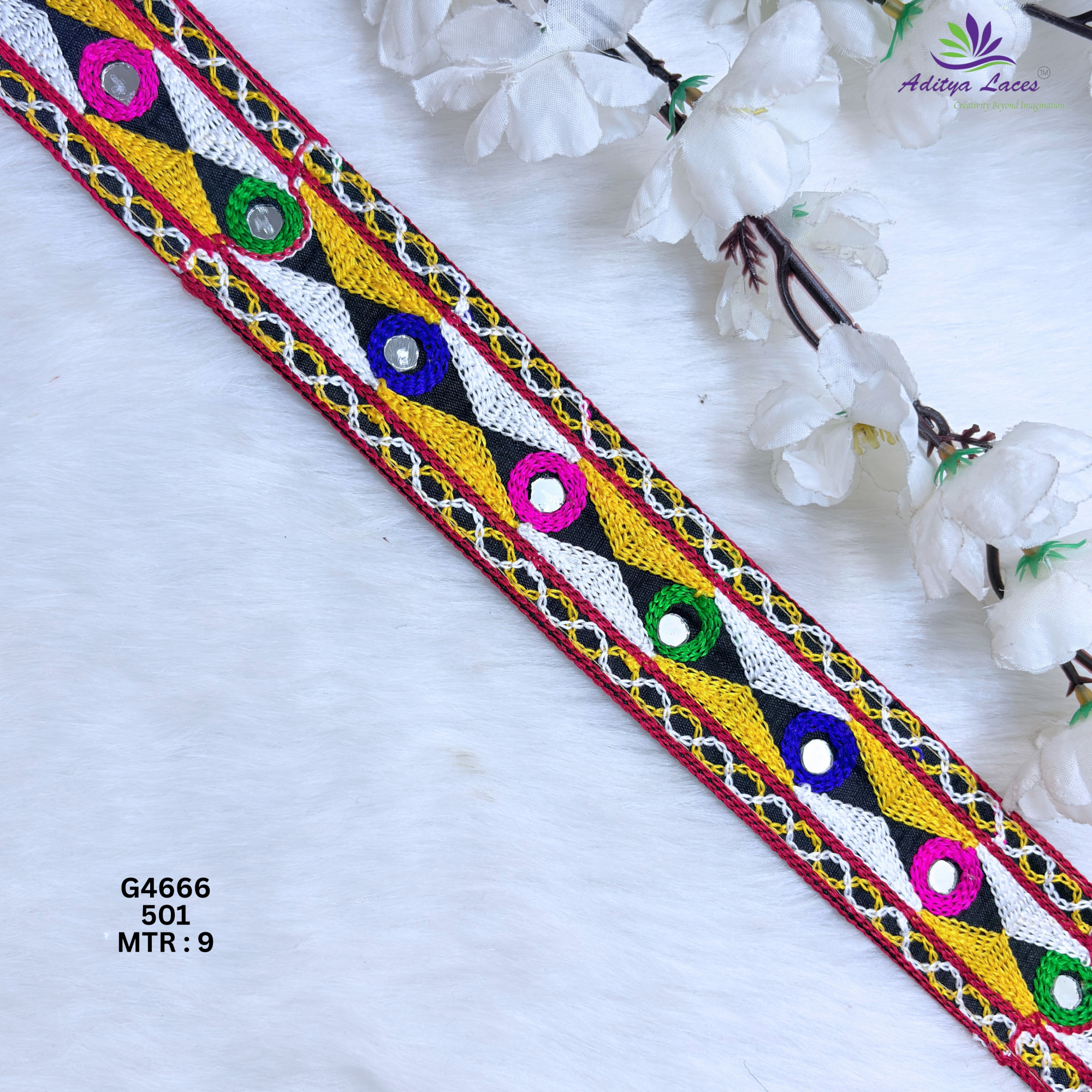 Designer Narrow Multicolor Geometric Triangle Mirror Gamthi Lace Border for Sarees Ethnic Fashion Embroidery Trim