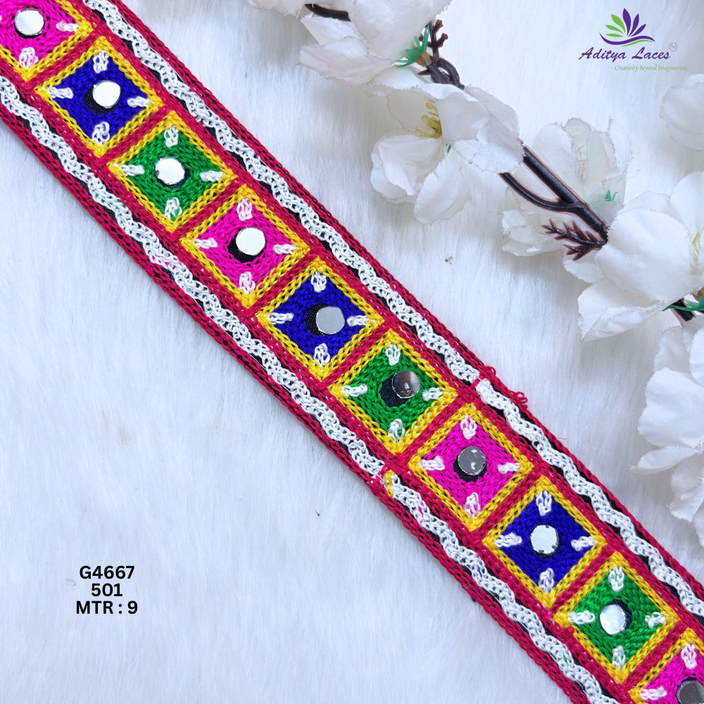 Image of Designer Multicolor Square Mirror Gamthi Lace Border for Sarees, Blouses &amp; Bridal Ethnic Wear – Kutch Embroidery Trim