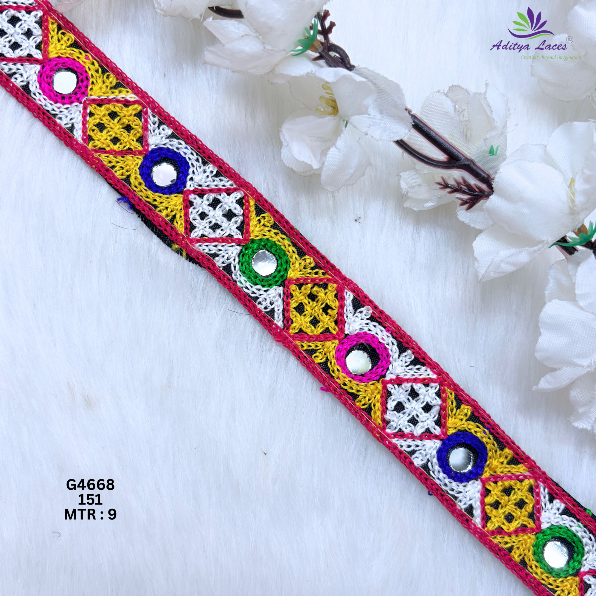 Designer Multicolor Lattice Ring Mirror Gamthi Lace Border for Sarees Blouses  Bridal Wear  Kutch Embroidery Trim G4668