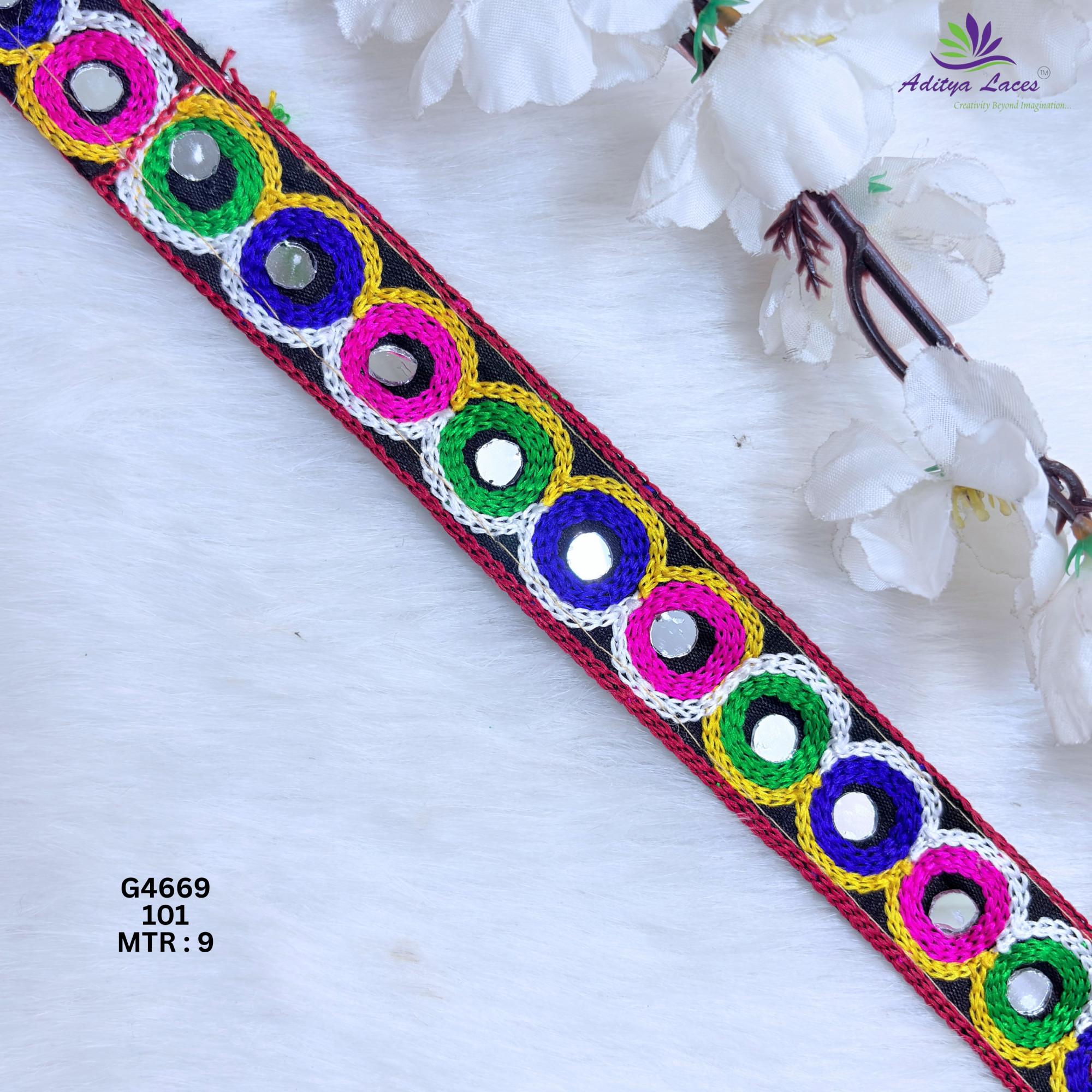 Designer Multicolor Ring Mirror Gamthi Lace Border for Sarees Blouses Bridal Ethnic Wear Kutch Embroidery Trim G4669