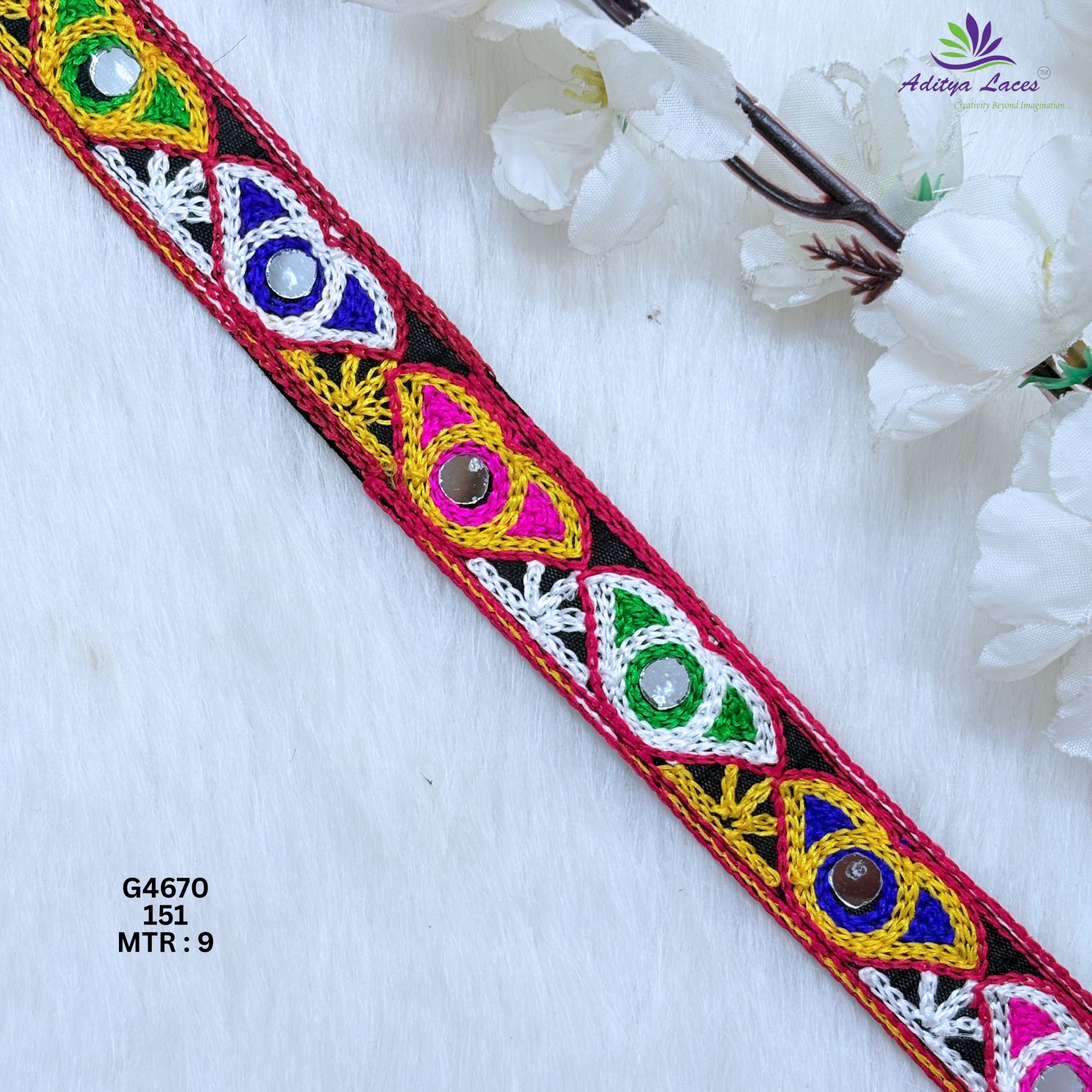 Designer Multicolor Eye Diamond Mirror Gamthi Lace Border for Sarees Blouses  Bridal Wear  Kutch Embroidery Trim G4670
