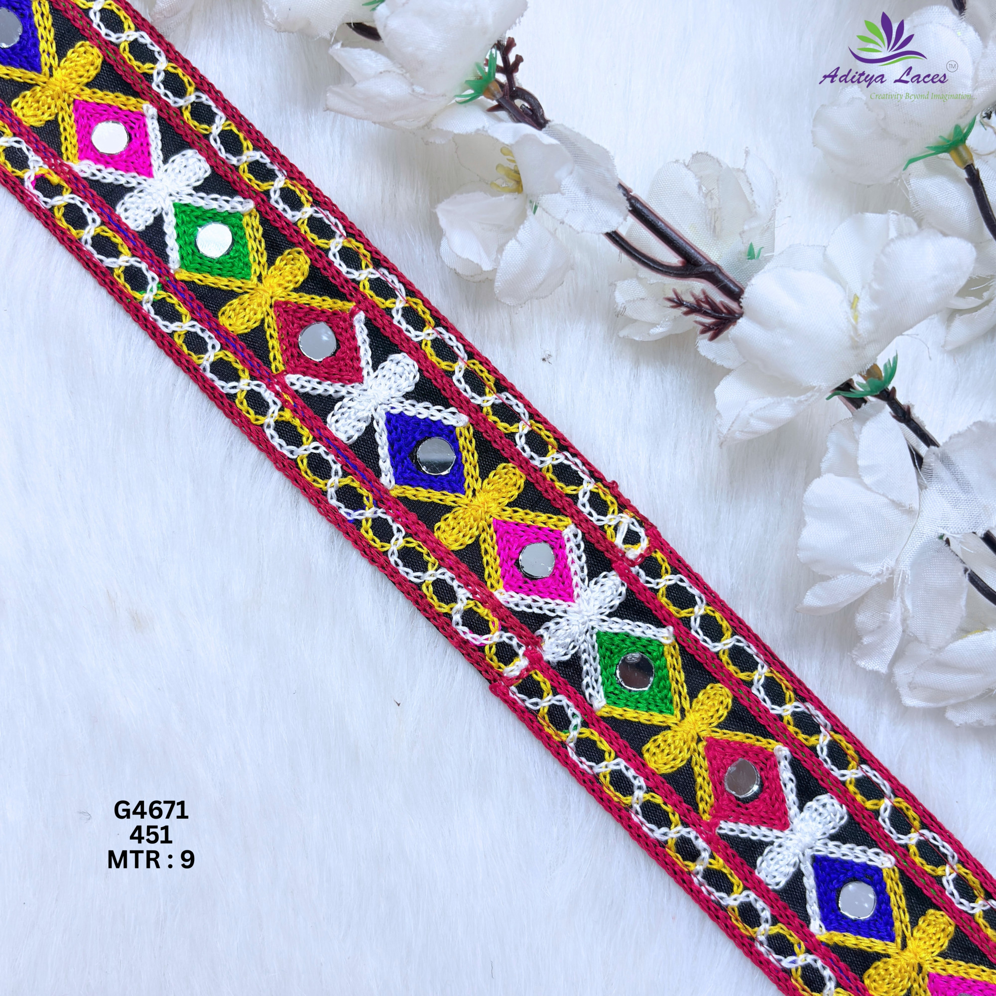 Designer Narrow Multicolor Diamond Cross Motif Mirror Gamthi Lace Border for Sarees Ethnic Fashion Traditional Trim