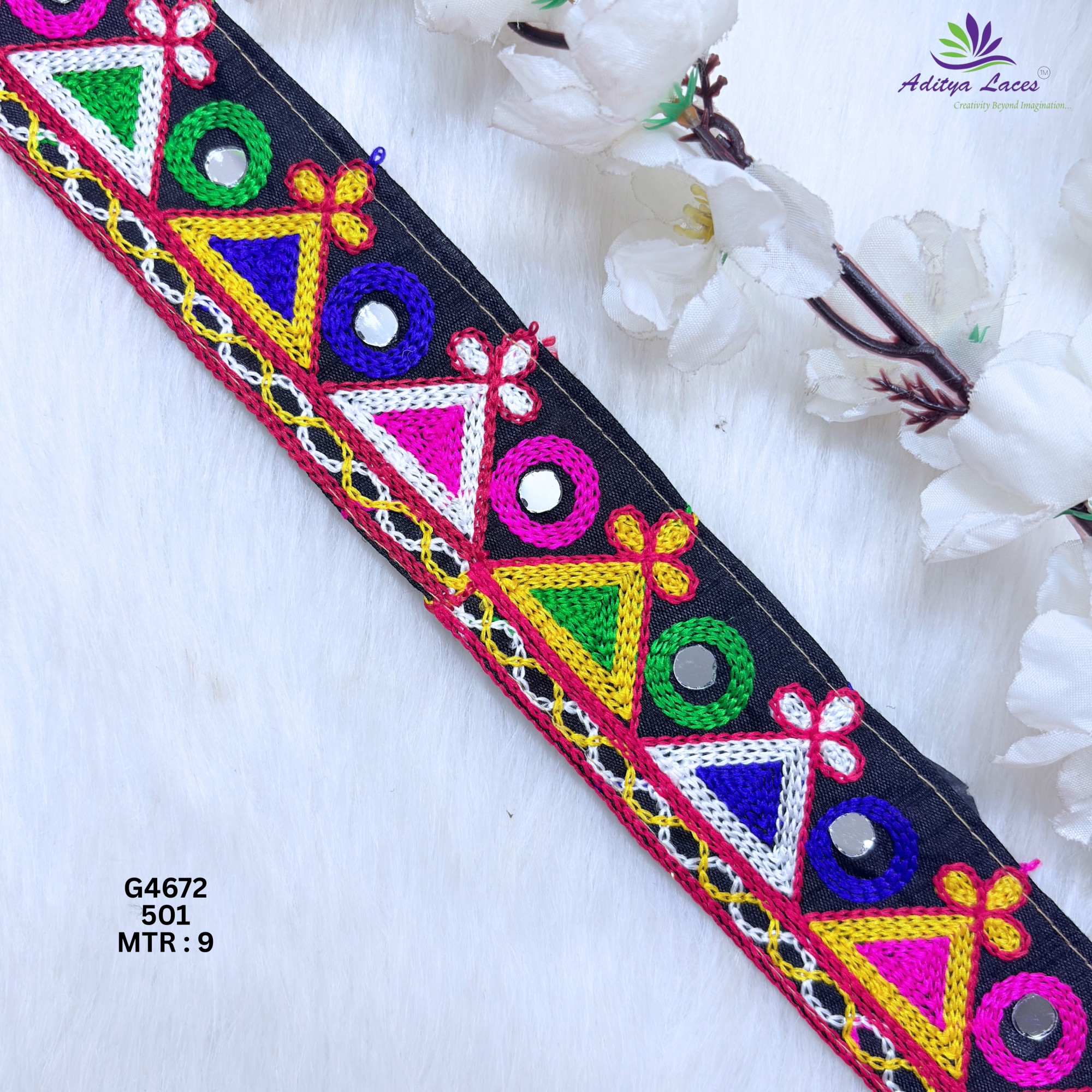 Designer Multicolor Triangle Floral Mirror Gamthi Lace Border for Sarees Blouses Bridal Ethnic Wear Kutch Trim