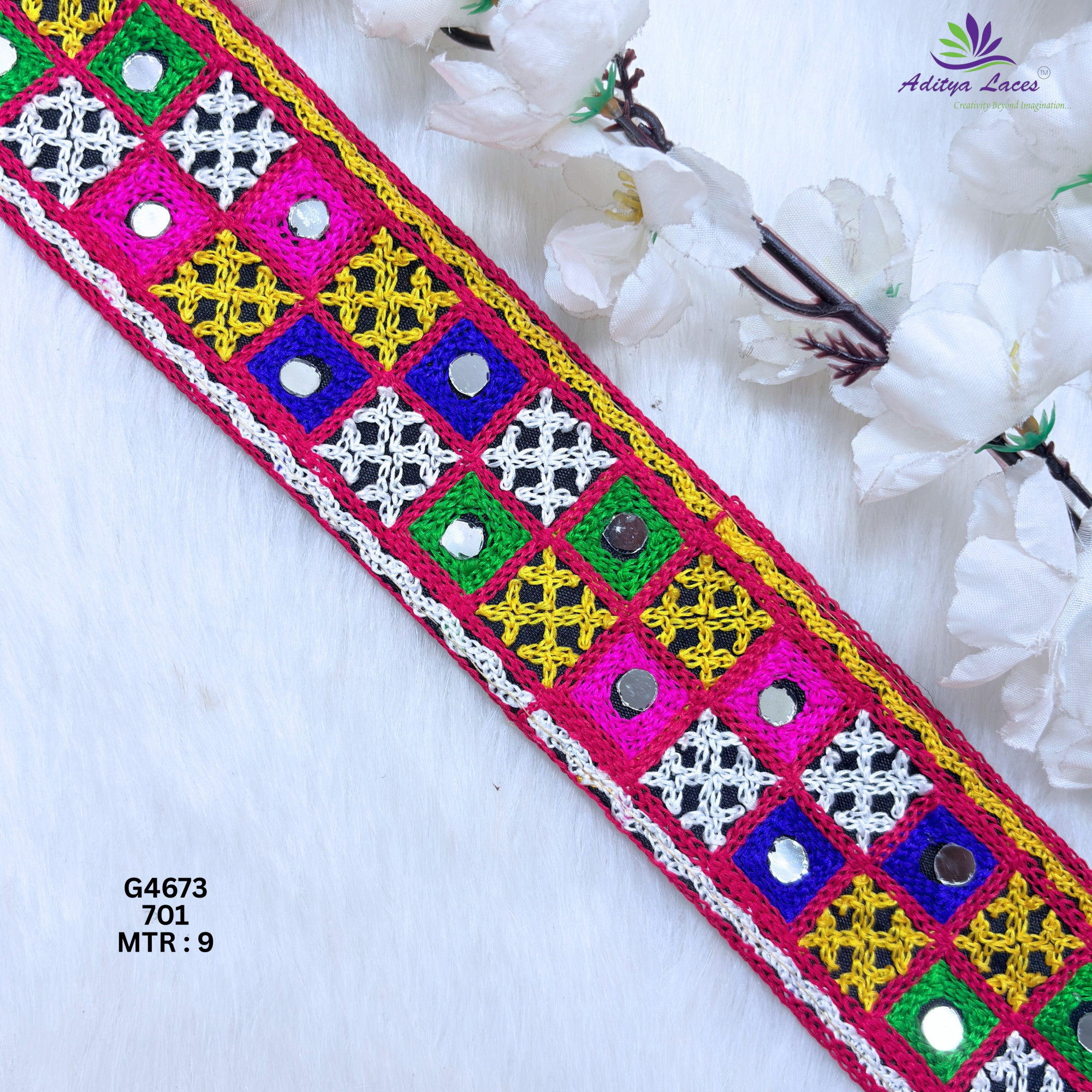 Designer Multicolor Checker Mirror Gamthi Lace Border for Sarees Blouses Bridal Ethnic Wear Kutch Embroidery Trim G4673