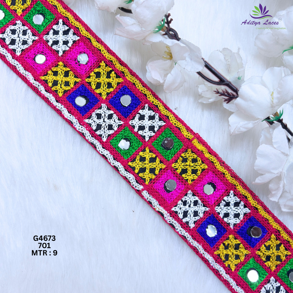 Image of Designer Multicolor Checker Mirror Gamthi Lace Border for Sarees, Blouses &amp; Bridal Ethnic Wear – Kutch Embroidery Trim G4673
