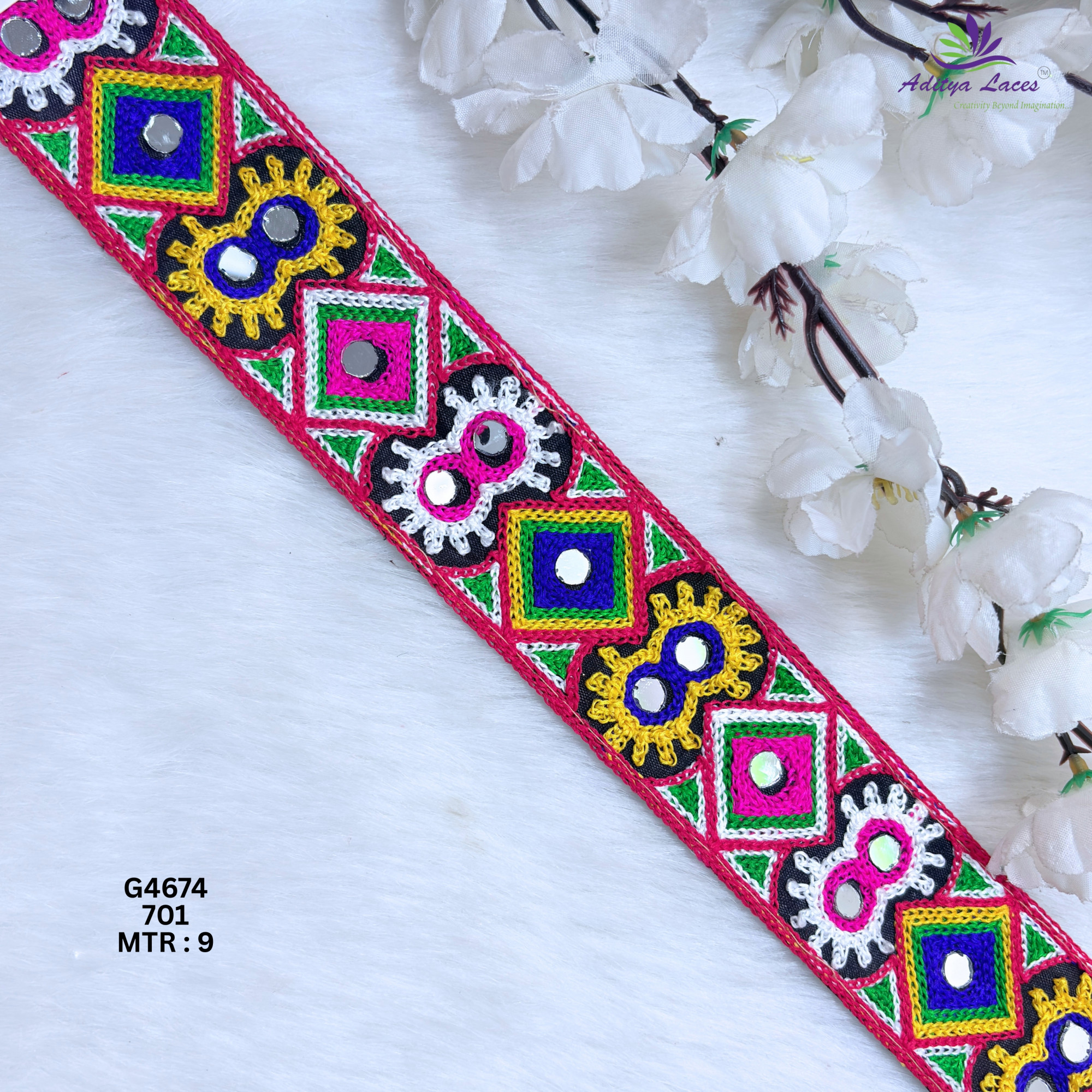 Designer Multicolor Diamond Floral Mirror Gamthi Lace Border for Sarees Blouses Bridal Ethnic Wear Kutch Trim