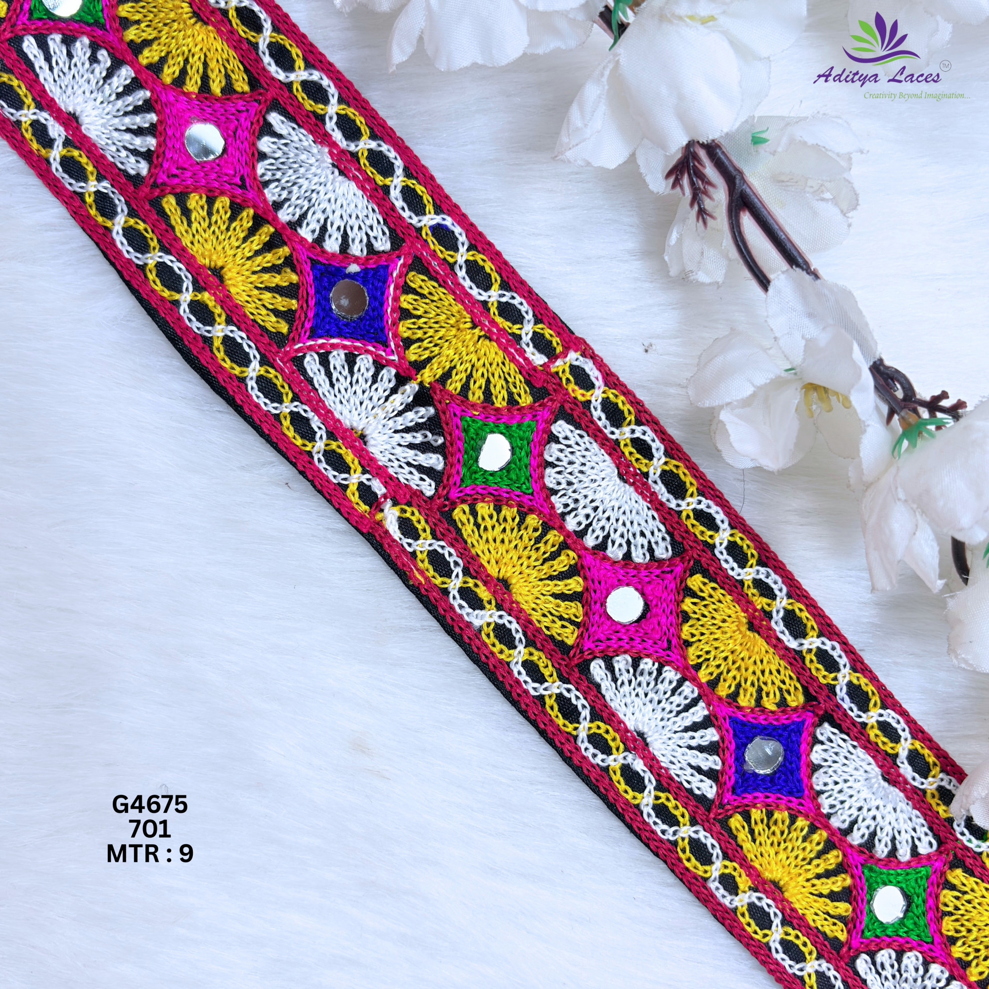 Designer Multicolor Fan Diamond Mirror Gamthi Lace Border for Sarees Blouses Bridal Ethnic Wear Kutch Trim G4675