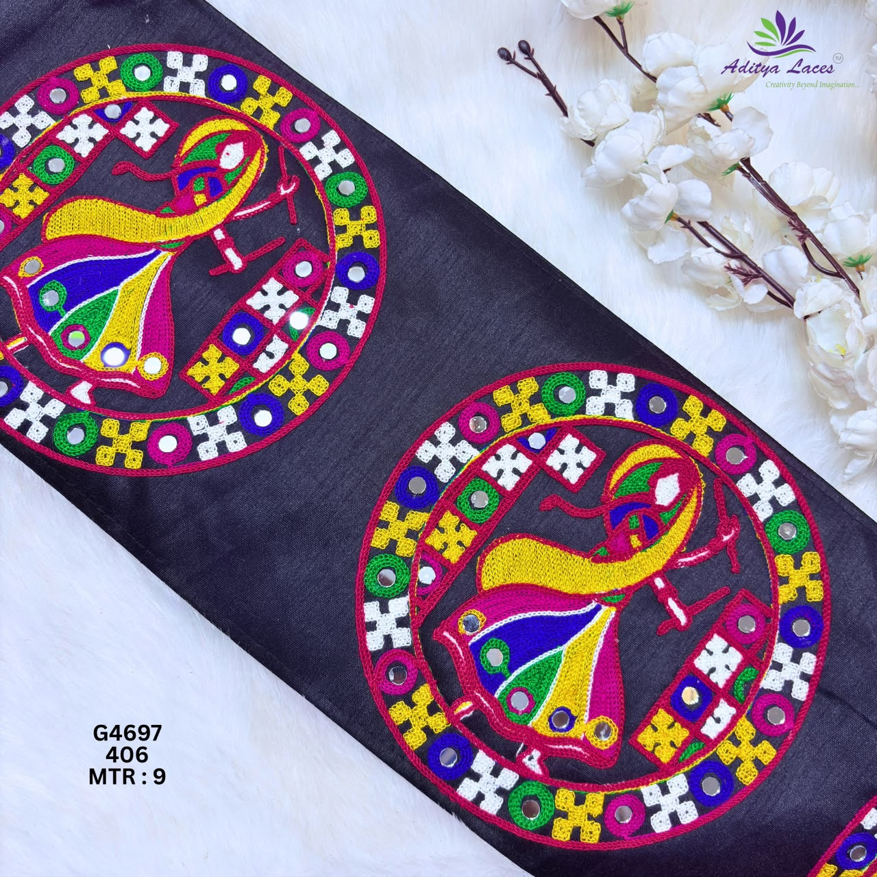 Designer Wide Multicolor Dancing Figure Mirror Gamthi Lace Patch for Sarees  Ethnic Wear  Traditional Folk Art Trim
