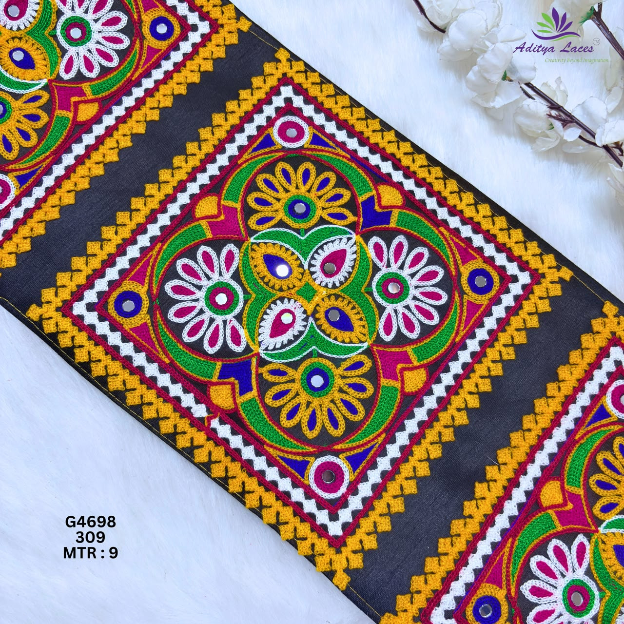 Designer Multicolor Square Floral Butta Mirror Gamthi Lace Border for Sarees Blouses Bridal Ethnic Wear Kutch Trim