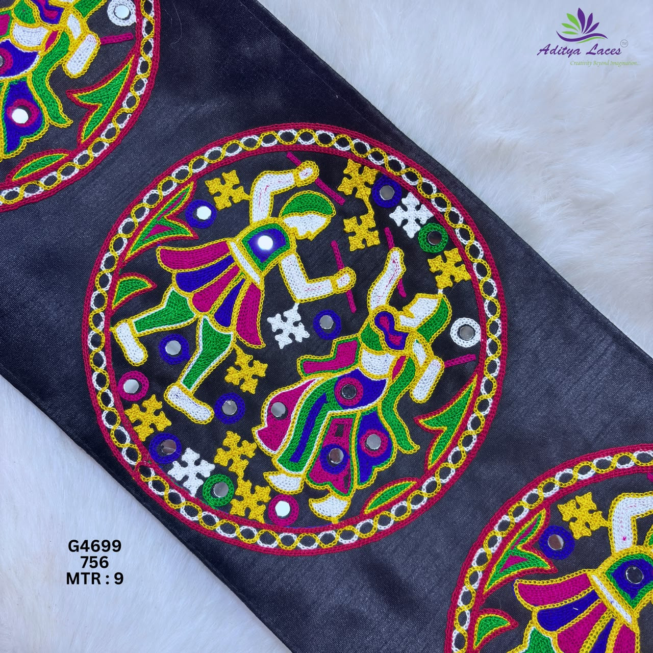 Designer Wide Multicolor Dancing Couple Mirror Gamthi Lace Patch for Sarees Ethnic Wear Traditional Folk Art Trim G4699