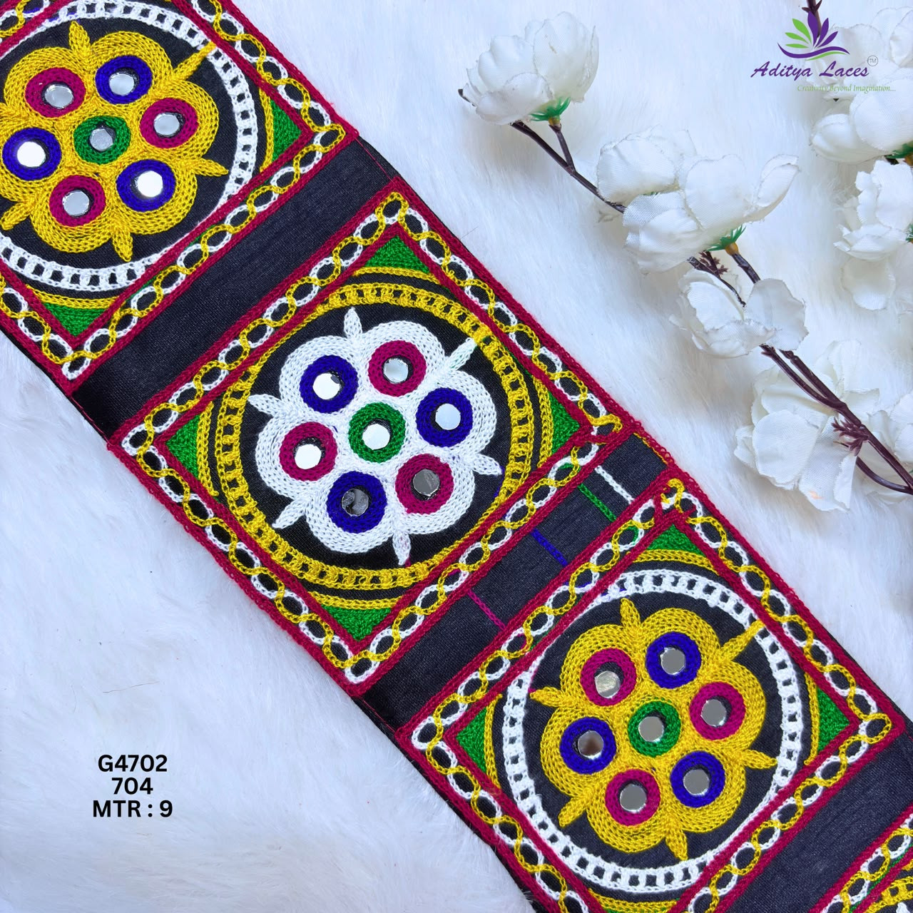 Designer Wide Multicolor Floral Mandala Mirror Gamthi Lace Patch for Sarees  Ethnic Wear  Traditional Embroidery Trim