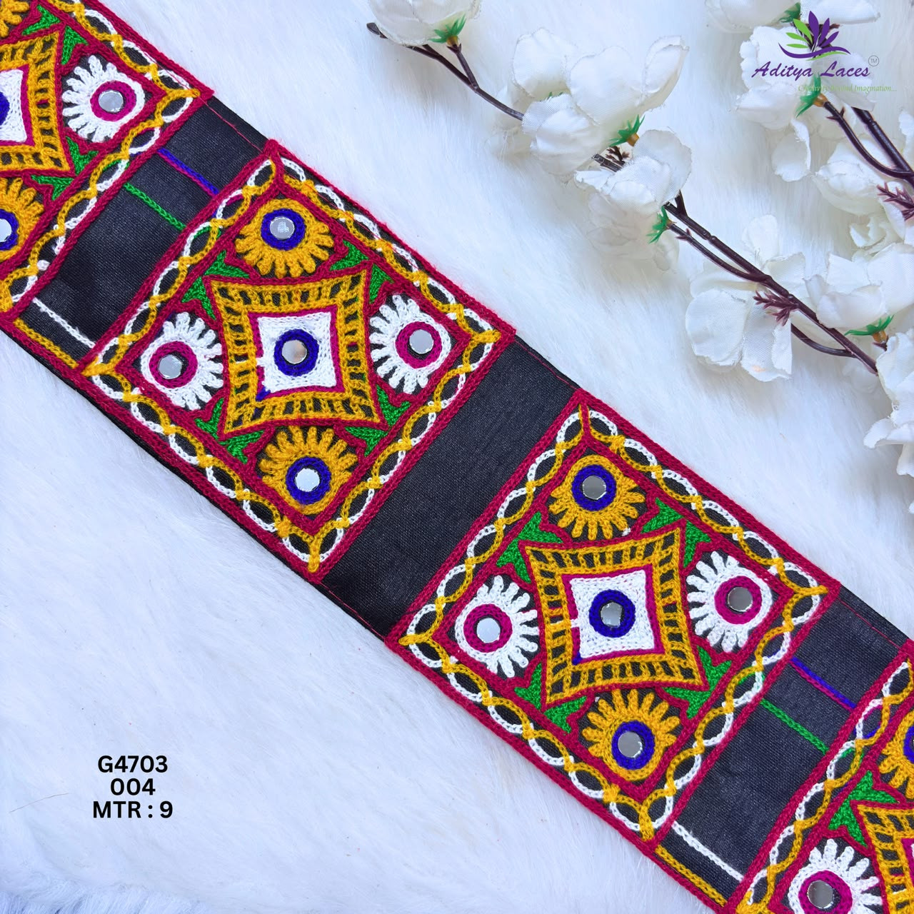 Designer Square Floral Mirror Gamthi Lace Border for Sarees Blouses Bridal Ethnic Wear Kutch Embroidery Trim