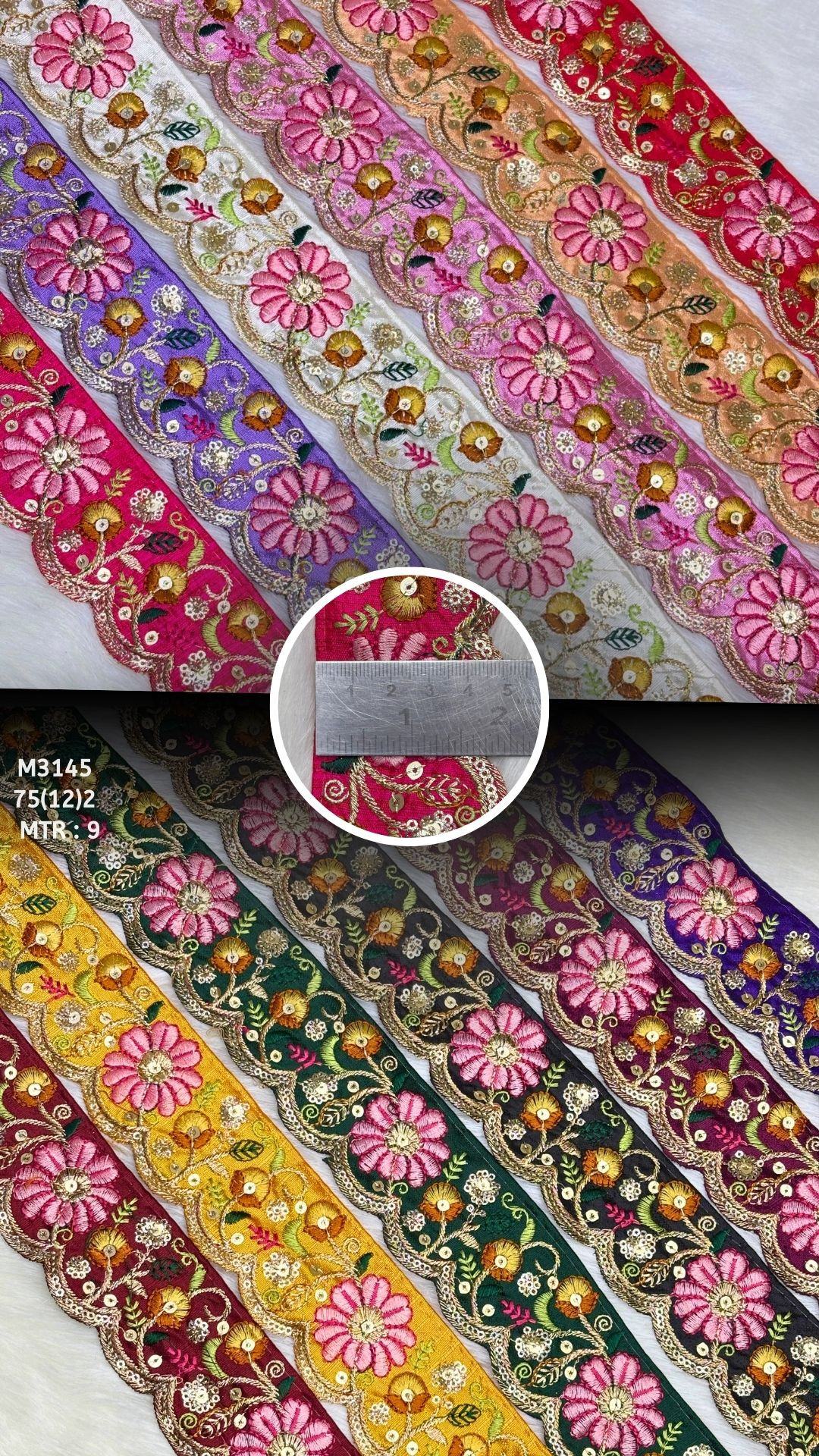 Malbari Multicolor Floral Embroidery Beads Lace Trim Designer Saree Border Bridal Decorative Lace