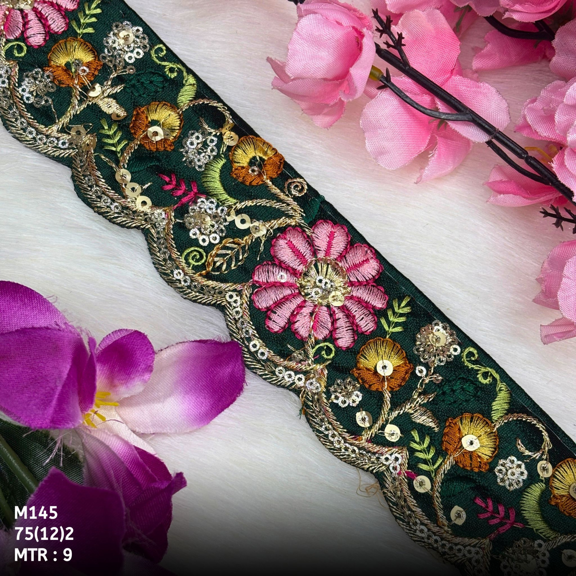 Malbari Multicolor Floral Embroidery Beads Lace Trim Designer Saree Border Bridal Decorative Lace
