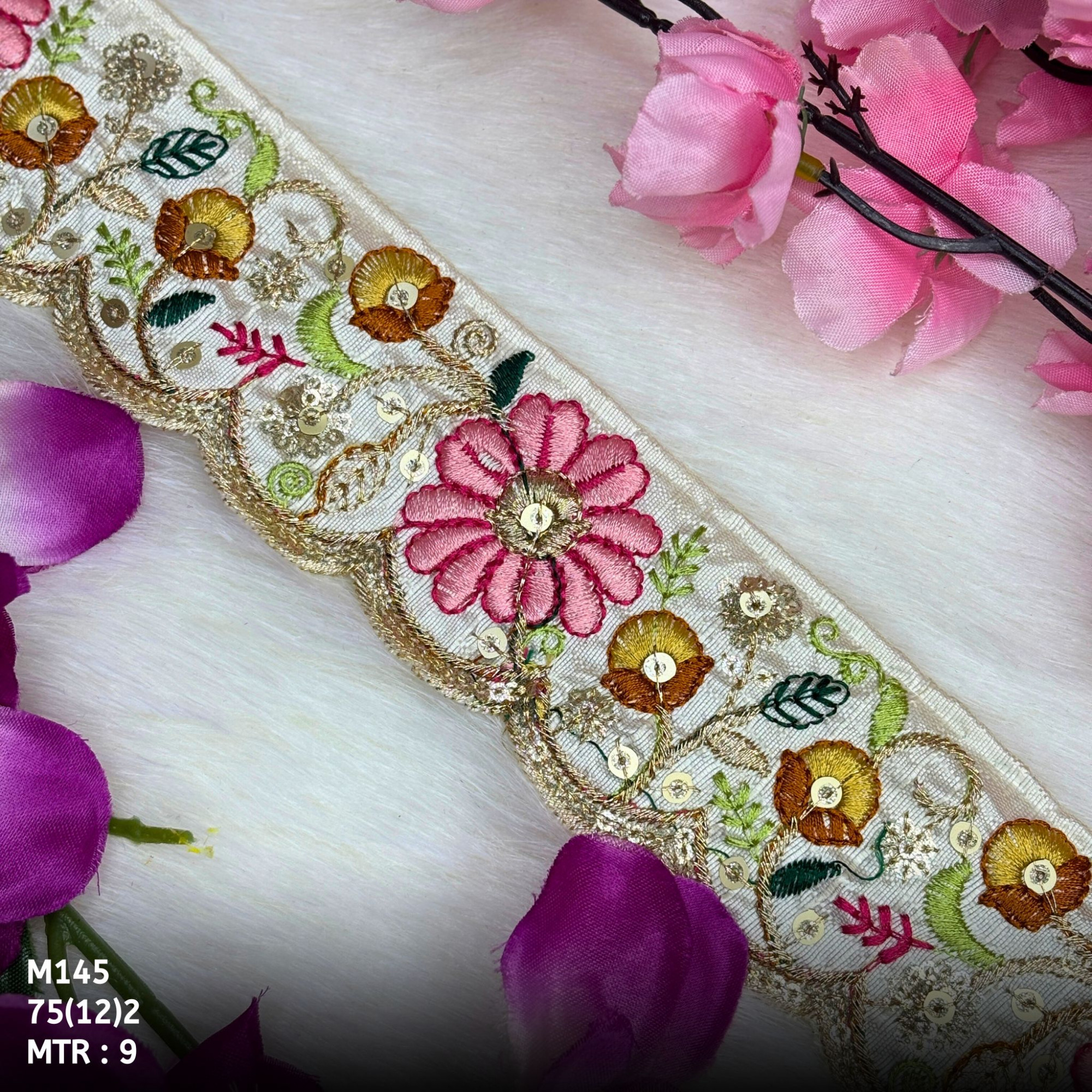 Malbari Multicolor Floral Embroidery Beads Lace Trim Designer Saree Border Bridal Decorative Lace