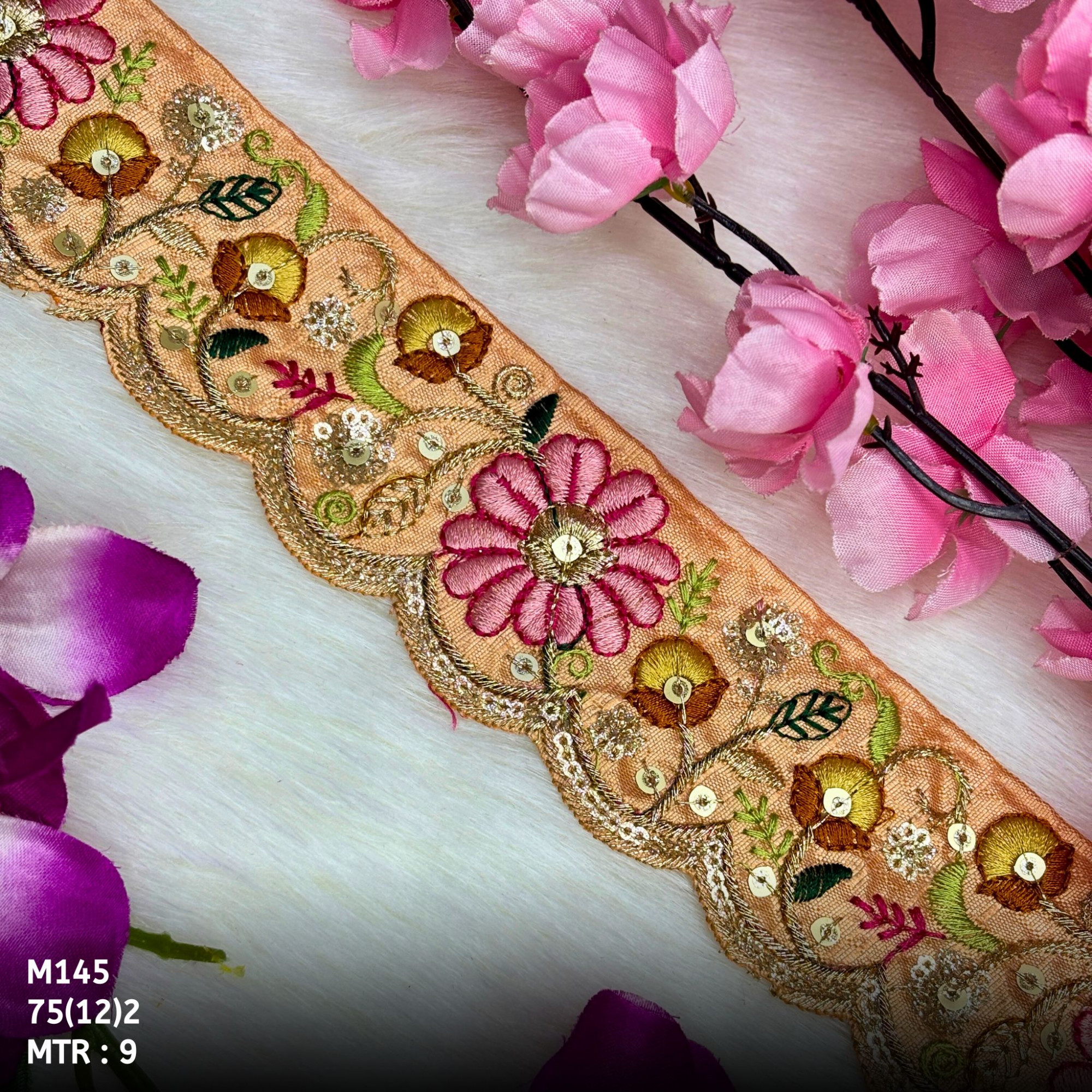 Malbari Multicolor Floral Embroidery Beads Lace Trim Designer Saree Border Bridal Decorative Lace