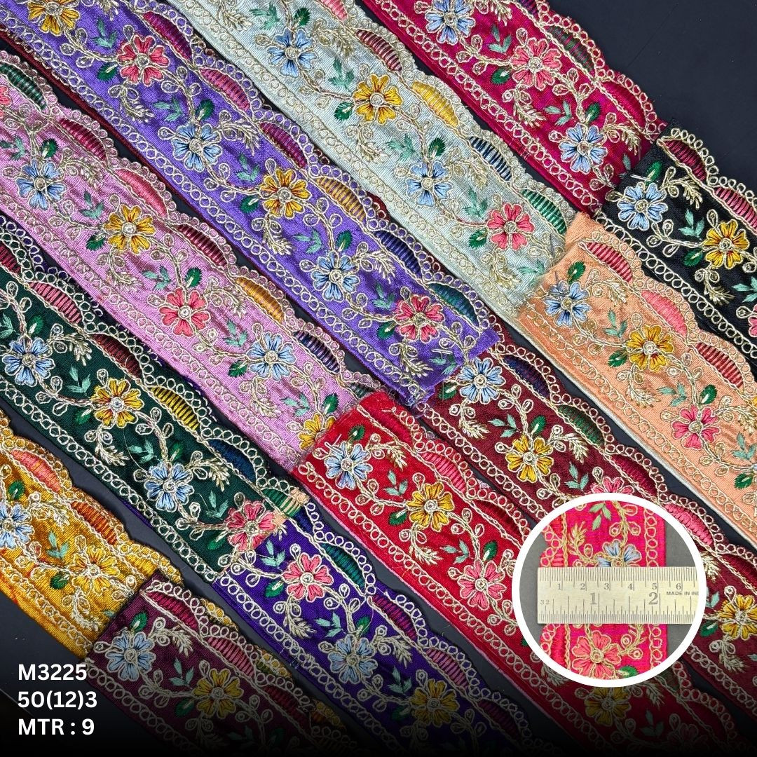 Green Malbari Multicolor Floral Embroidery Lace Trim Gold Zari Designer Saree Border Bridal Decorative Lace