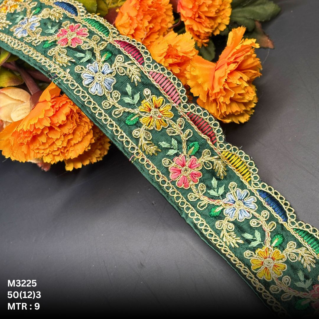 Green Malbari Multicolor Floral Embroidery Lace Trim Gold Zari Designer Saree Border Bridal Decorative Lace