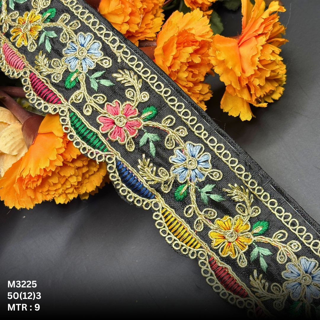 Green Malbari Multicolor Floral Embroidery Lace Trim Gold Zari Designer Saree Border Bridal Decorative Lace