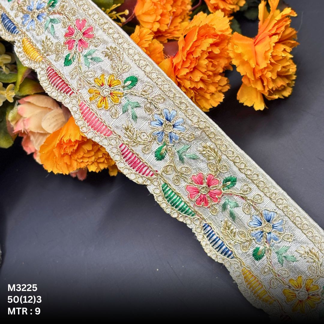Green Malbari Multicolor Floral Embroidery Lace Trim Gold Zari Designer Saree Border Bridal Decorative Lace