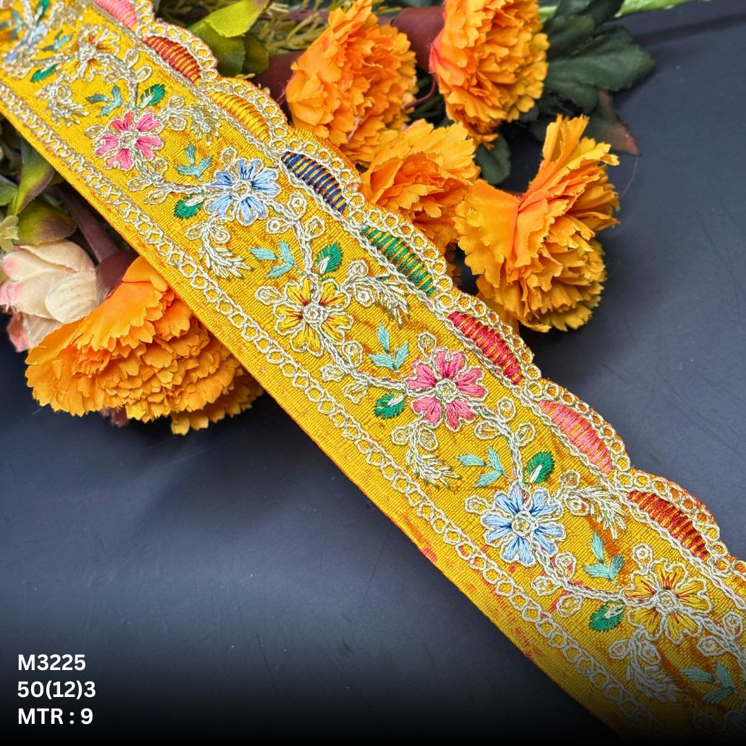 Green Malbari Multicolor Floral Embroidery Lace Trim Gold Zari Designer Saree Border Bridal Decorative Lace