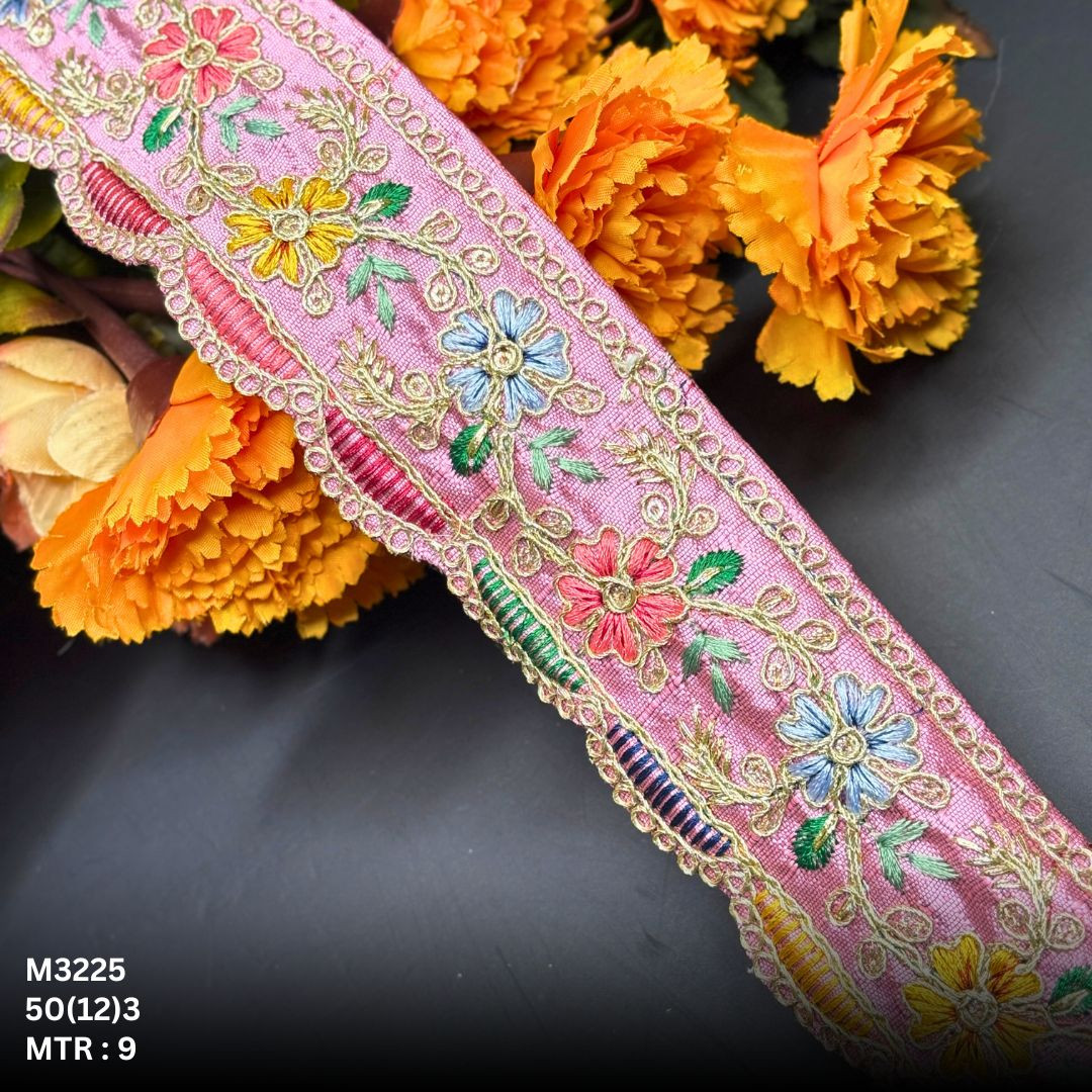 Green Malbari Multicolor Floral Embroidery Lace Trim Gold Zari Designer Saree Border Bridal Decorative Lace