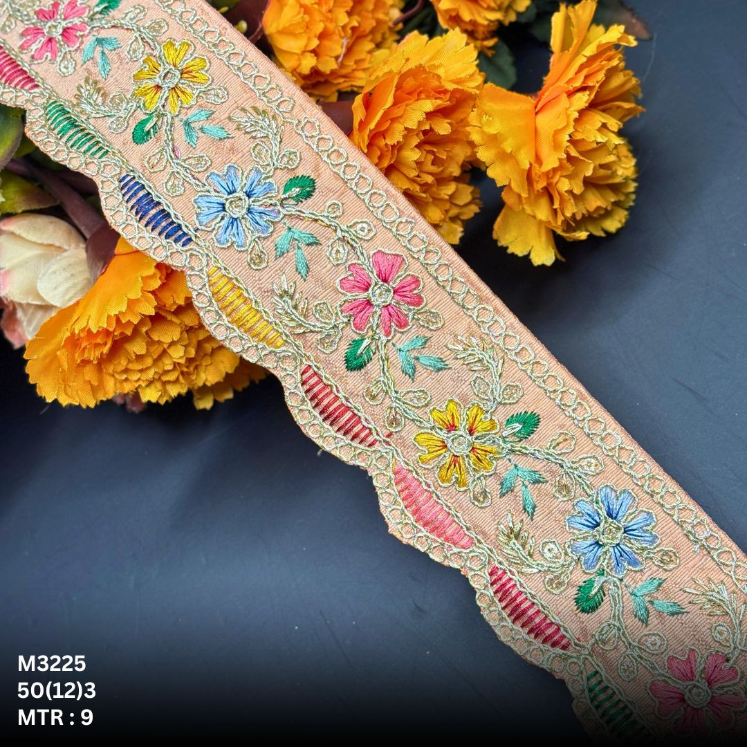Green Malbari Multicolor Floral Embroidery Lace Trim Gold Zari Designer Saree Border Bridal Decorative Lace