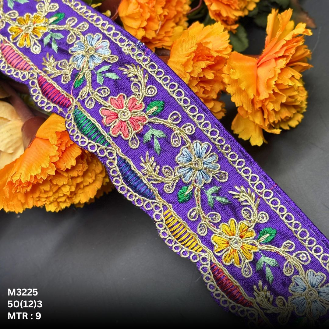 Green Malbari Multicolor Floral Embroidery Lace Trim Gold Zari Designer Saree Border Bridal Decorative Lace