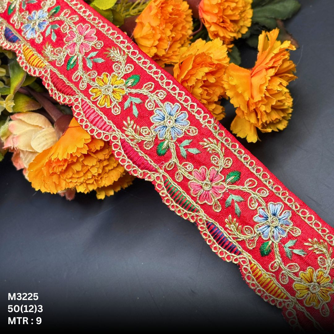 Green Malbari Multicolor Floral Embroidery Lace Trim Gold Zari Designer Saree Border Bridal Decorative Lace