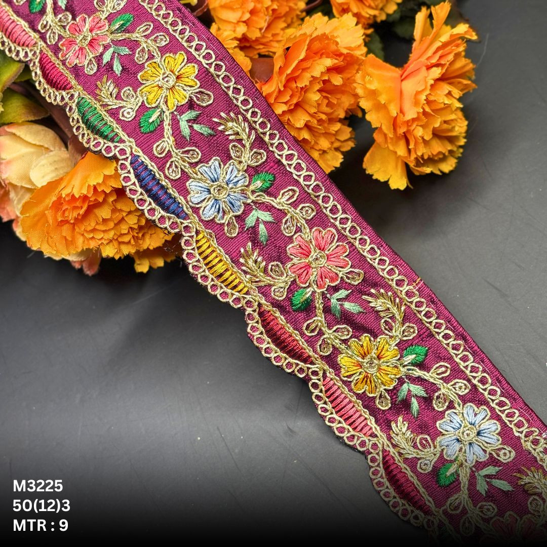 Green Malbari Multicolor Floral Embroidery Lace Trim Gold Zari Designer Saree Border Bridal Decorative Lace