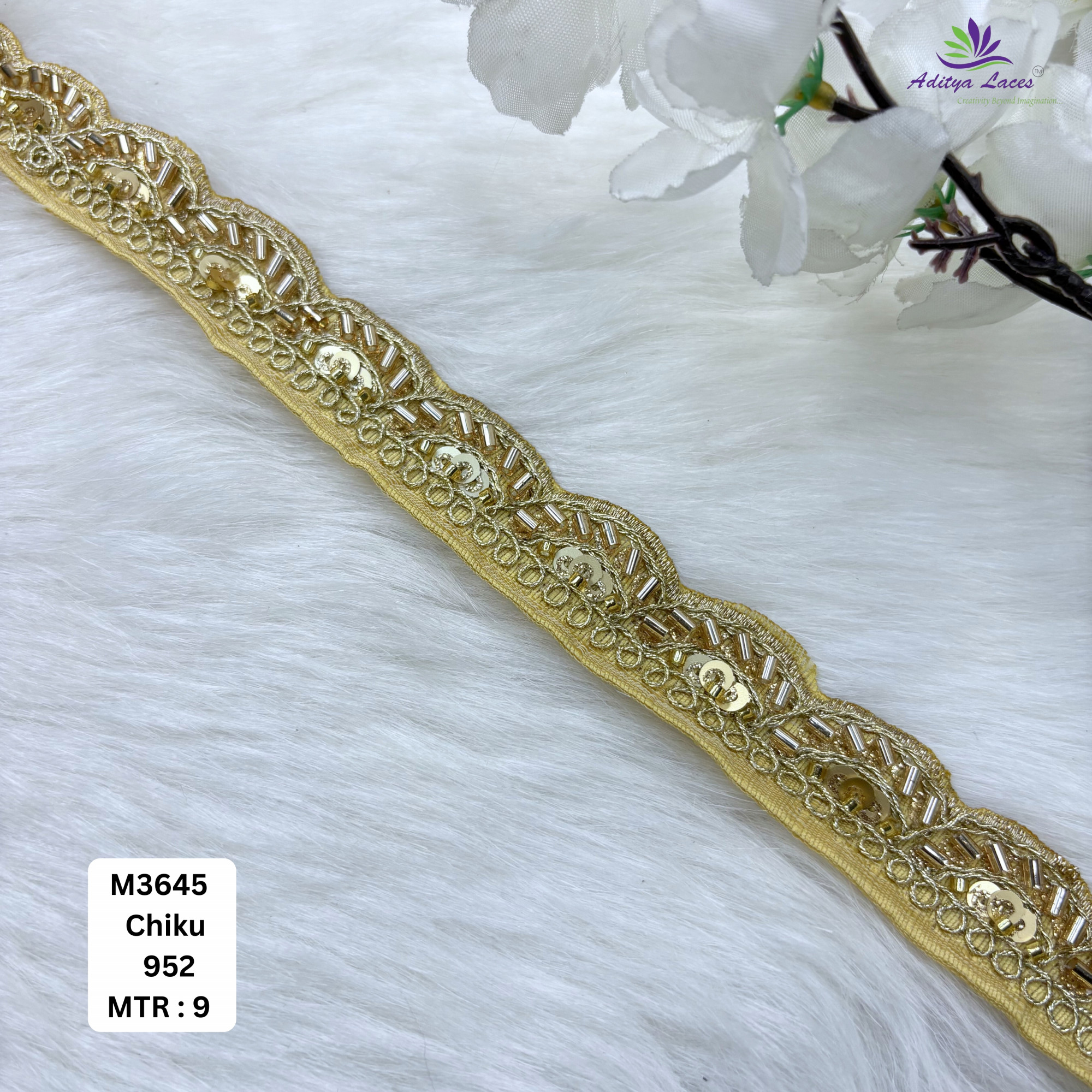 Chiku Malbari Sequin Embroidery Lace Trim Scalloped Designer Saree Border Bridal Decorative Lace Wholesale Supplier