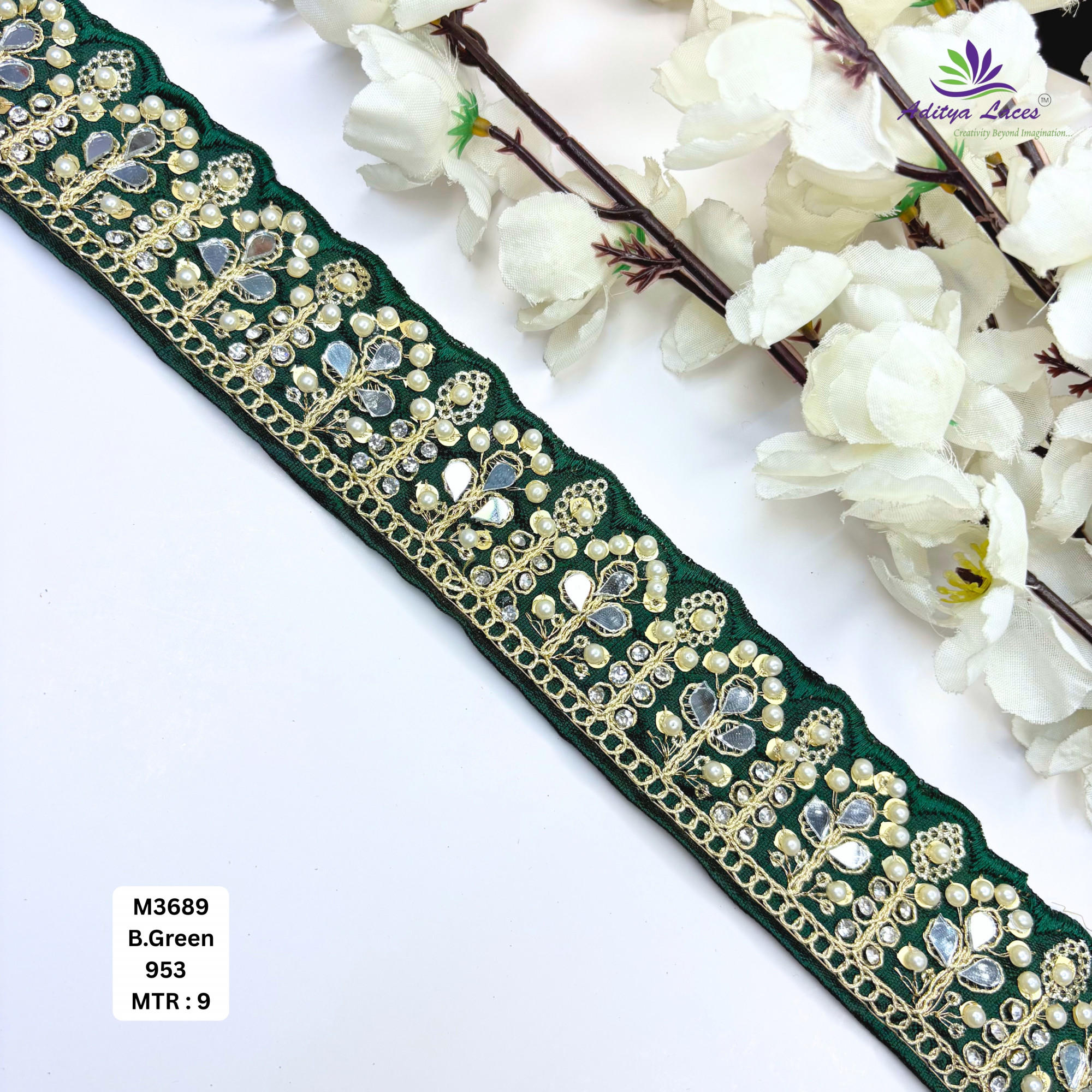 Cream Malbari Pearl Mirror Work Lace Trim Designer Saree Border Bridal Beads Lace Wholesale Supplier