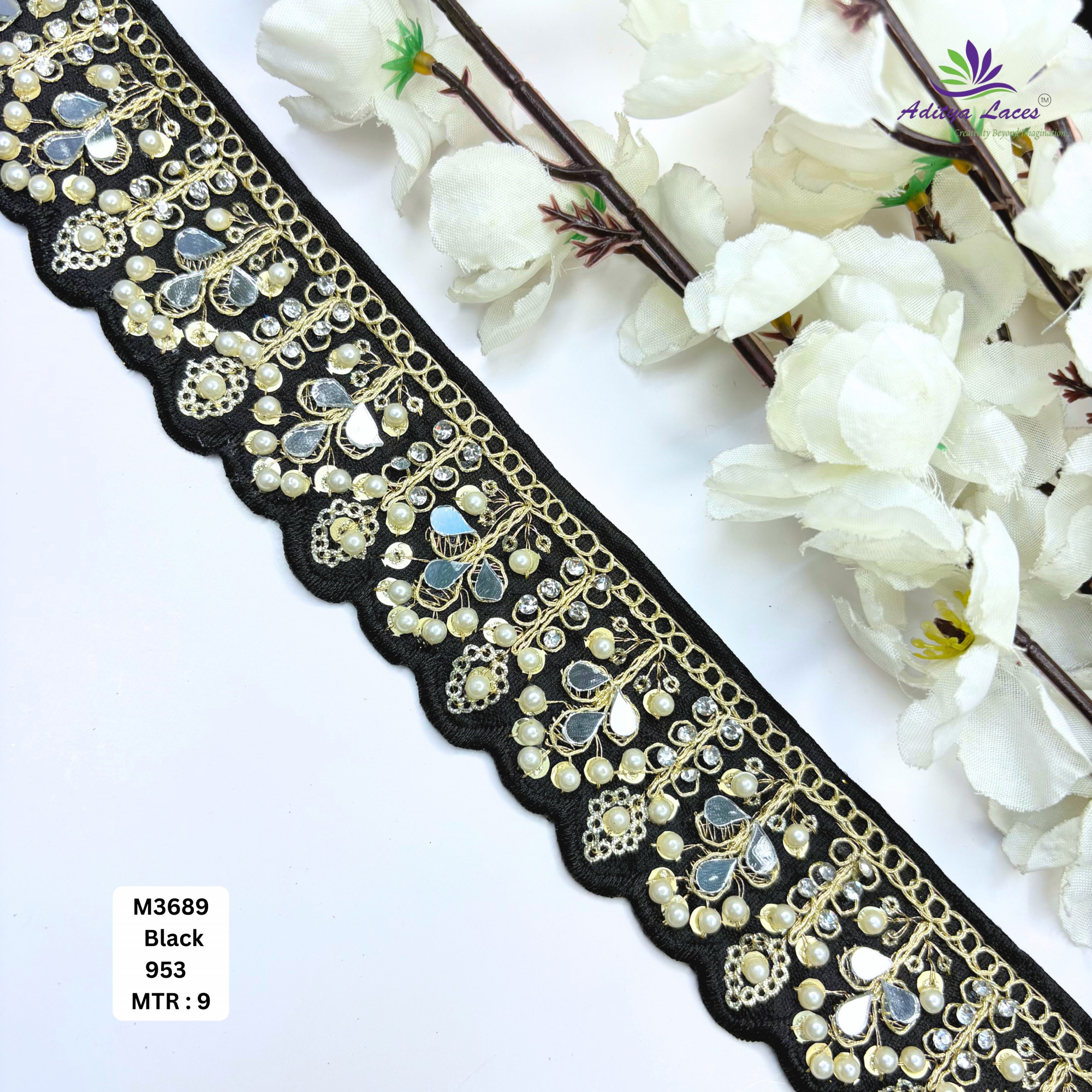 Cream Malbari Pearl Mirror Work Lace Trim Designer Saree Border Bridal Beads Lace Wholesale Supplier