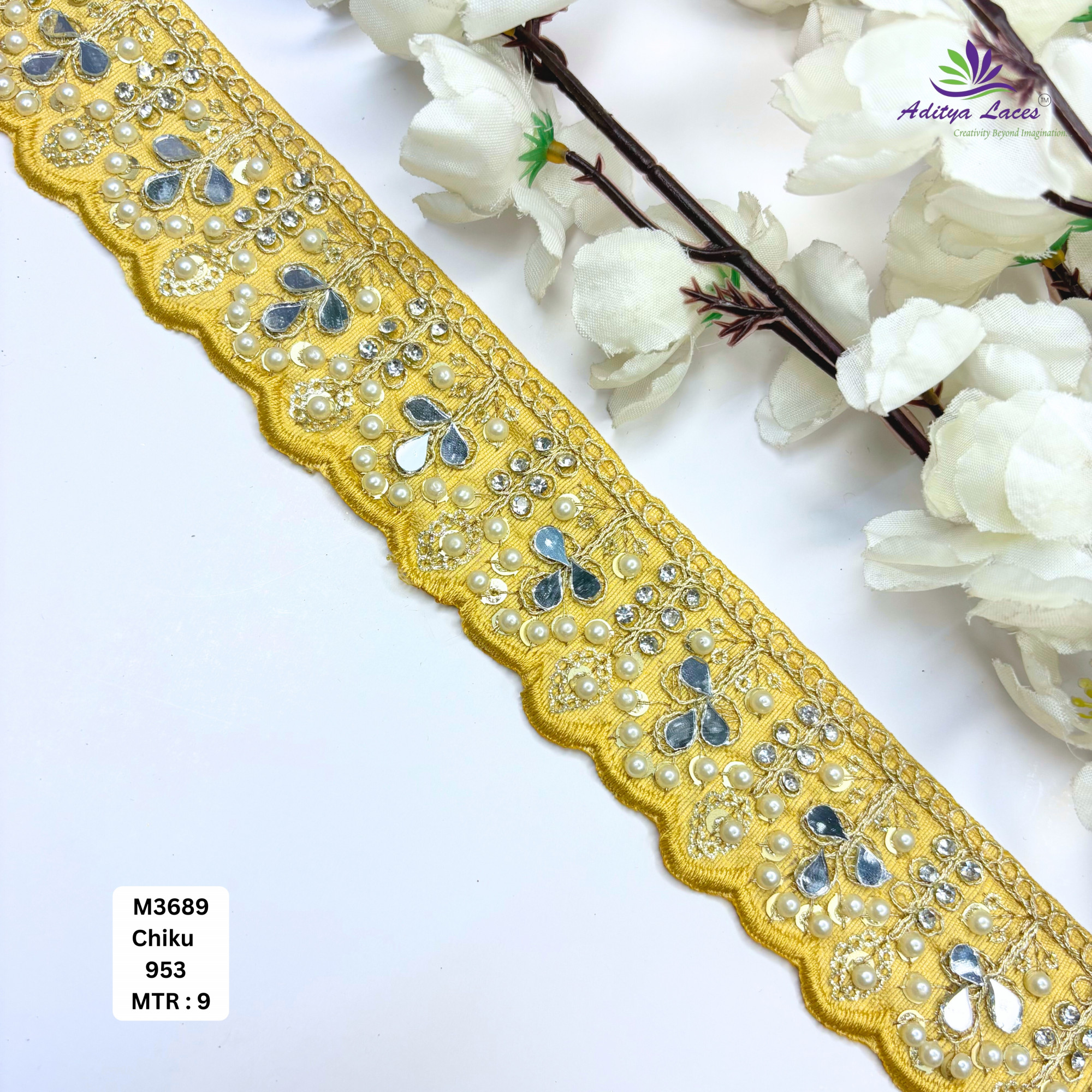 Cream Malbari Pearl Mirror Work Lace Trim Designer Saree Border Bridal Beads Lace Wholesale Supplier