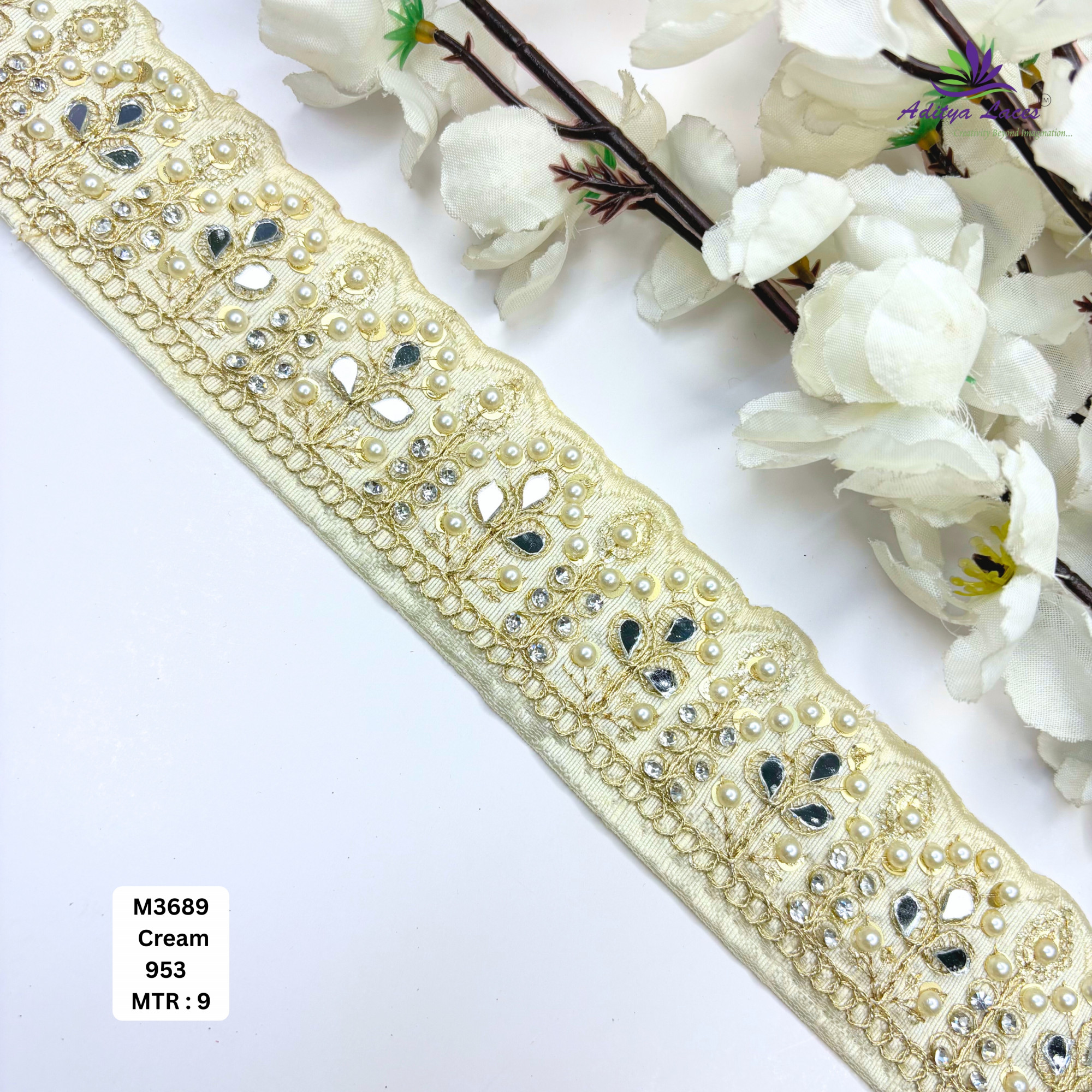 Cream Malbari Pearl Mirror Work Lace Trim Designer Saree Border Bridal Beads Lace Wholesale Supplier
