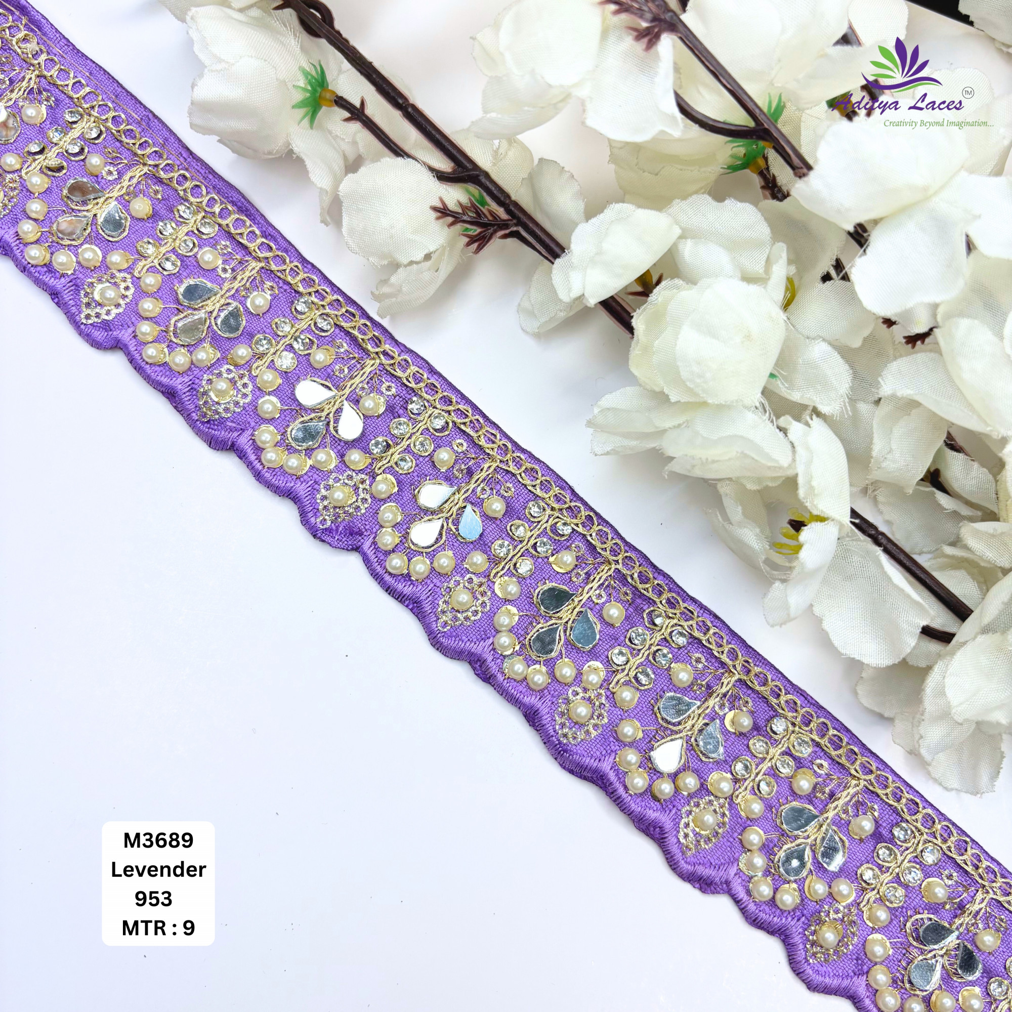 Cream Malbari Pearl Mirror Work Lace Trim Designer Saree Border Bridal Beads Lace Wholesale Supplier