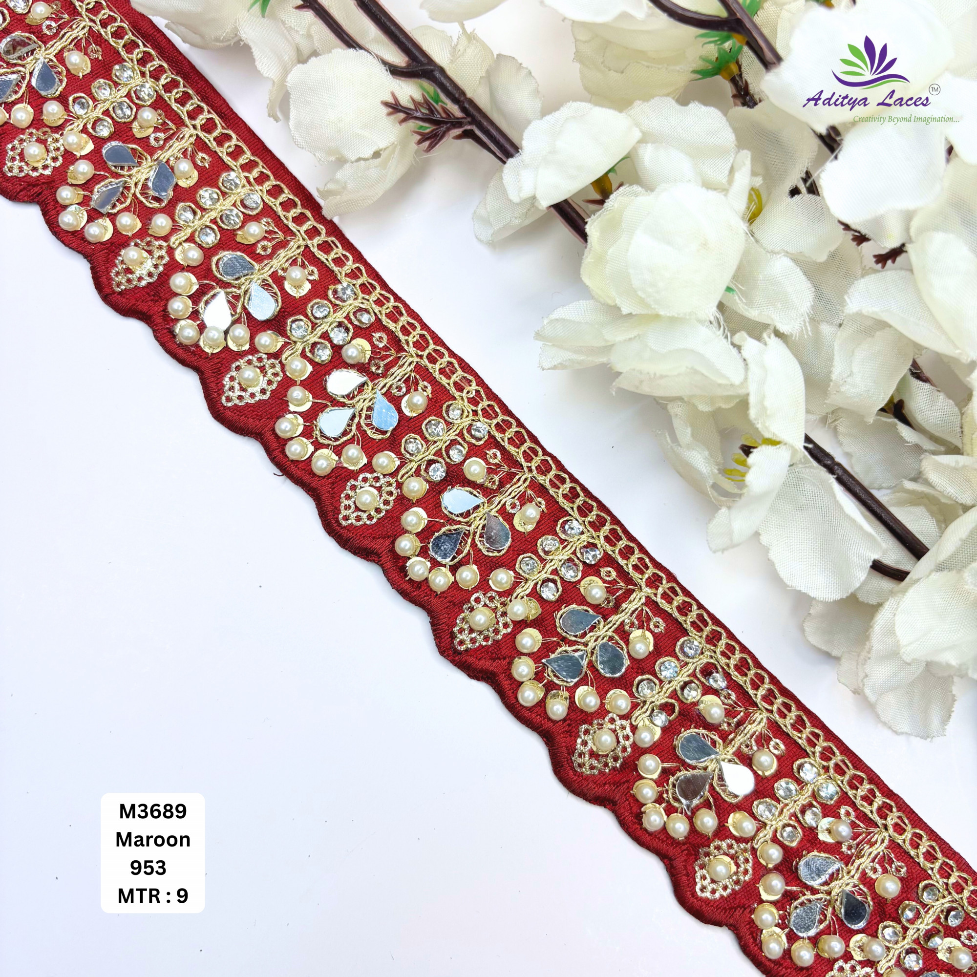 Cream Malbari Pearl Mirror Work Lace Trim Designer Saree Border Bridal Beads Lace Wholesale Supplier
