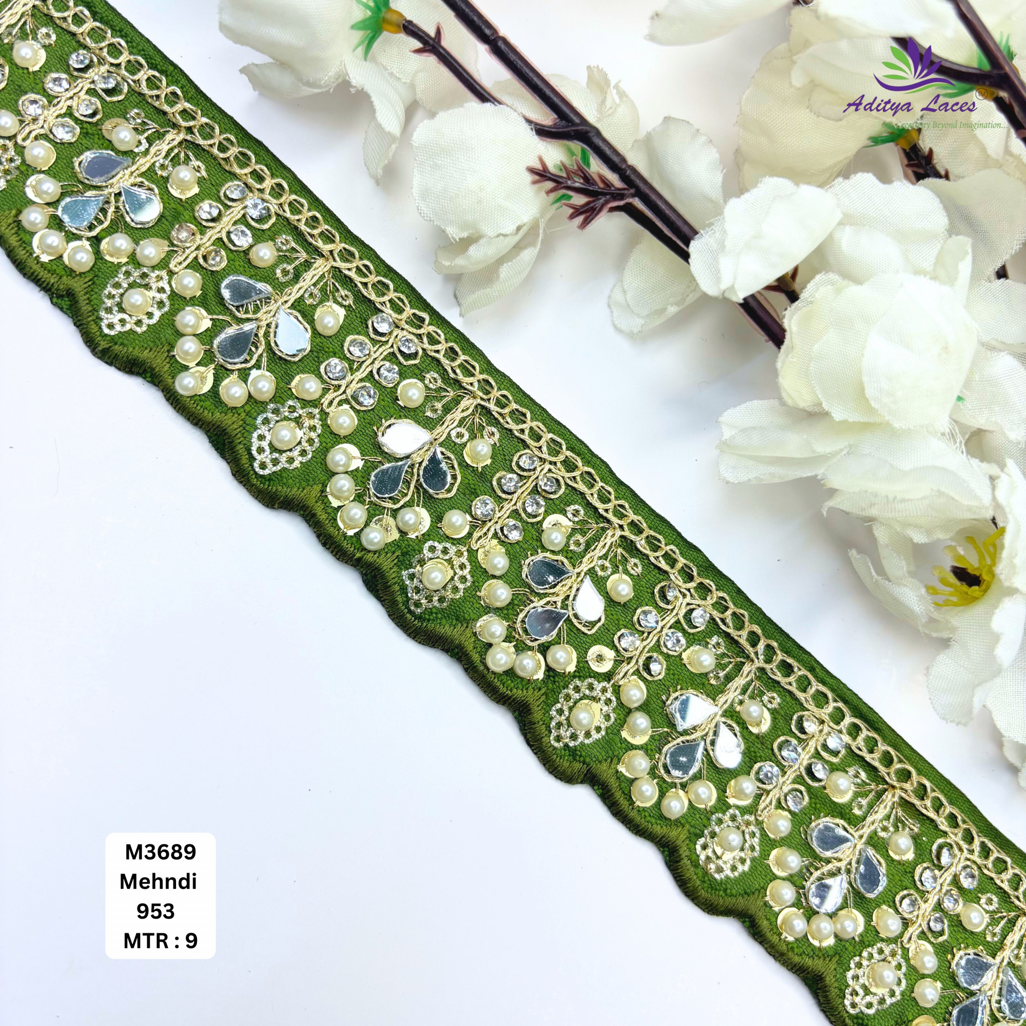 Cream Malbari Pearl Mirror Work Lace Trim Designer Saree Border Bridal Beads Lace Wholesale Supplier