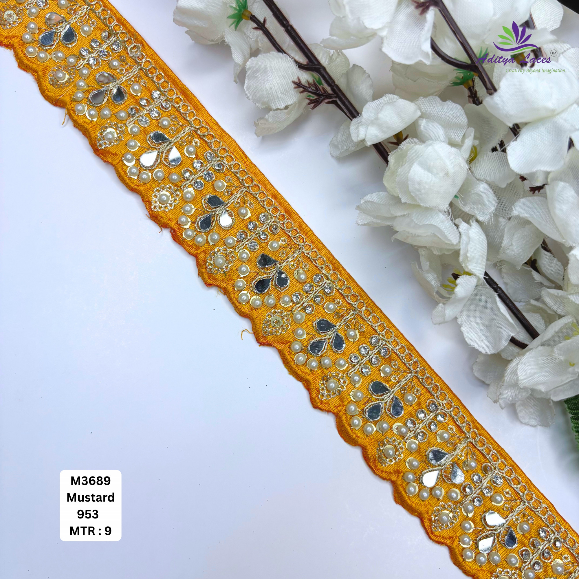 Cream Malbari Pearl Mirror Work Lace Trim Designer Saree Border Bridal Beads Lace Wholesale Supplier