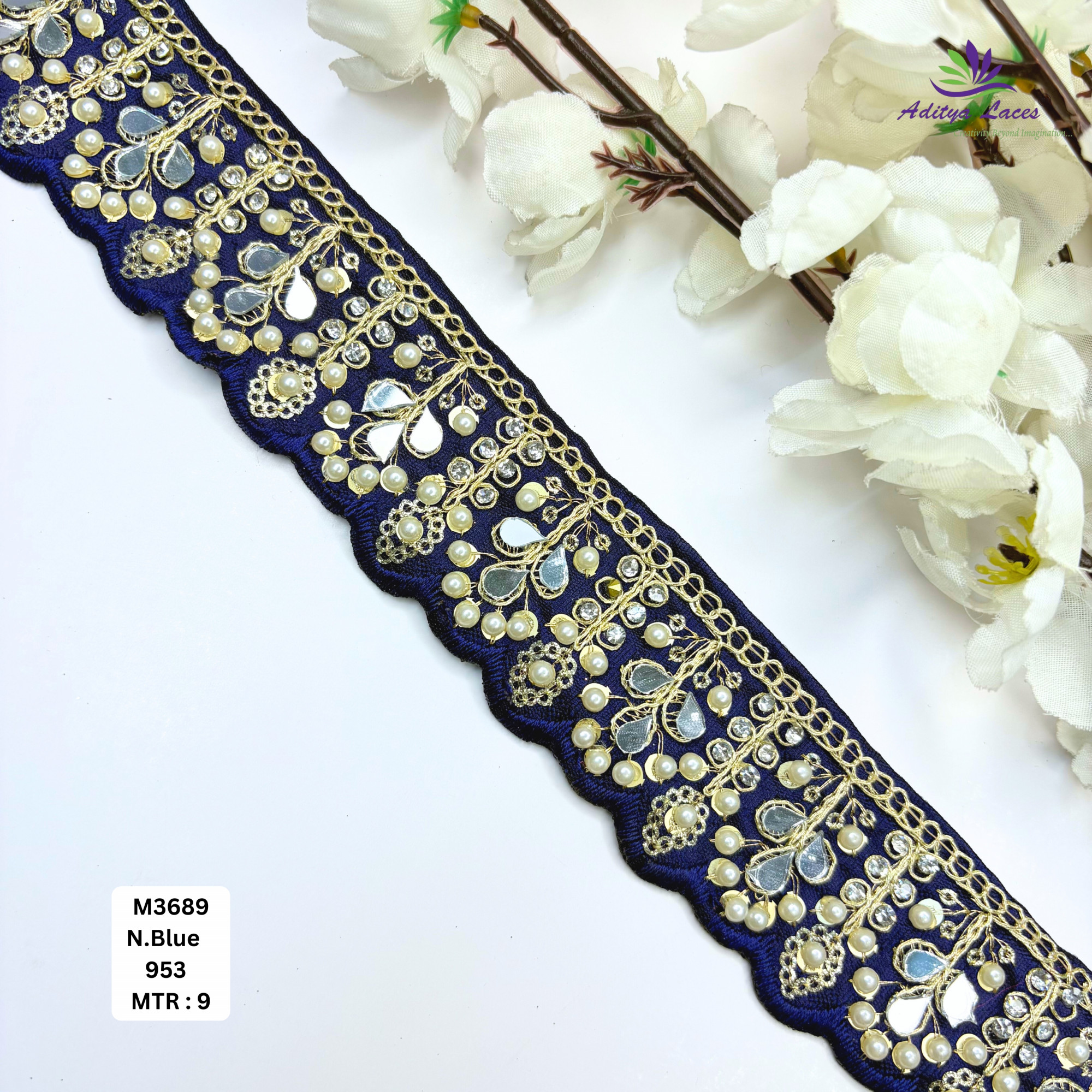 Cream Malbari Pearl Mirror Work Lace Trim Designer Saree Border Bridal Beads Lace Wholesale Supplier