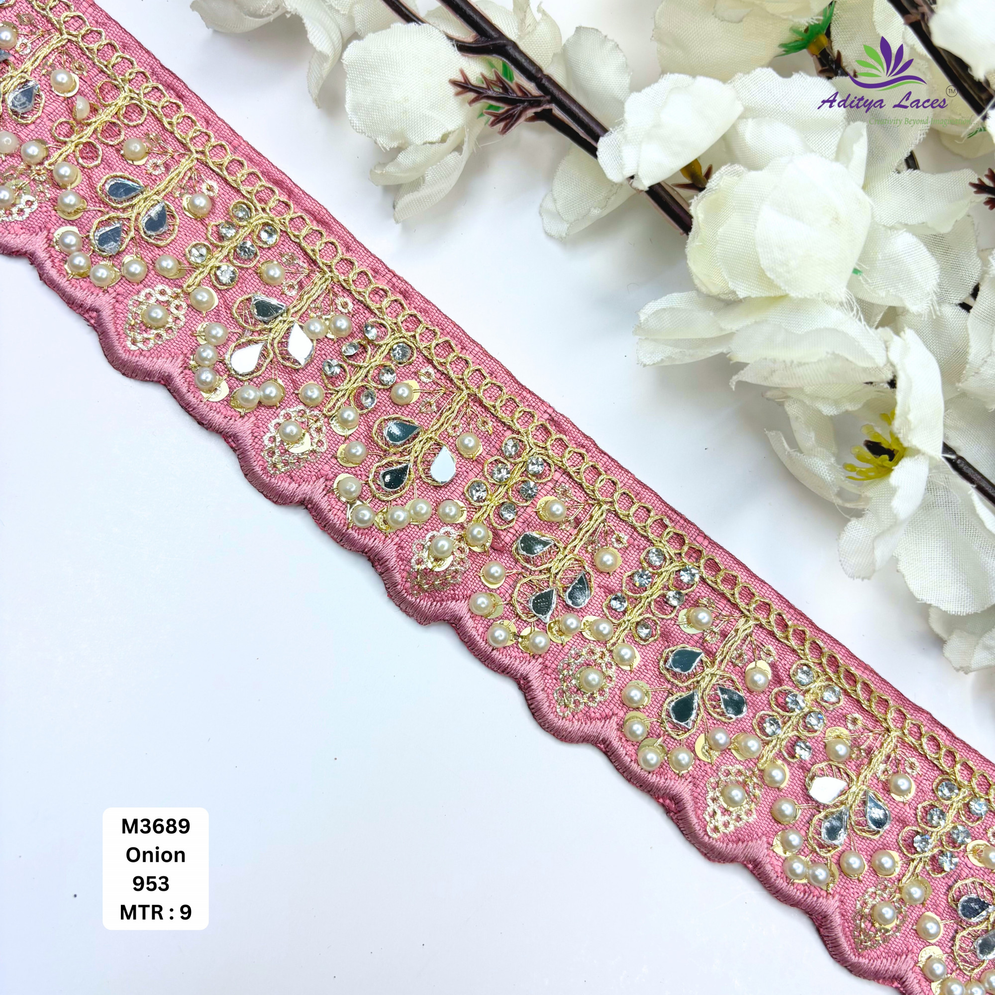 Cream Malbari Pearl Mirror Work Lace Trim Designer Saree Border Bridal Beads Lace Wholesale Supplier