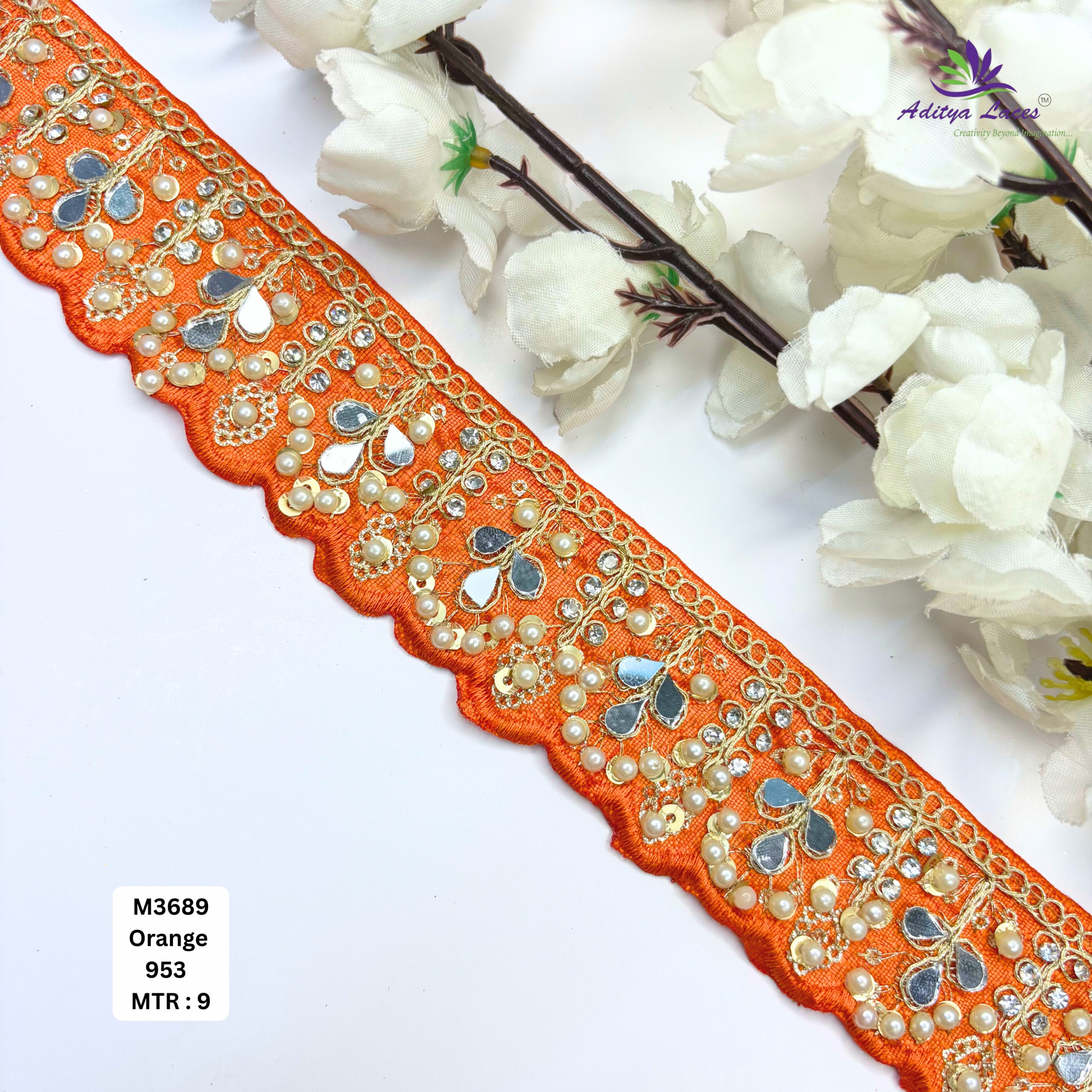 Cream Malbari Pearl Mirror Work Lace Trim Designer Saree Border Bridal Beads Lace Wholesale Supplier