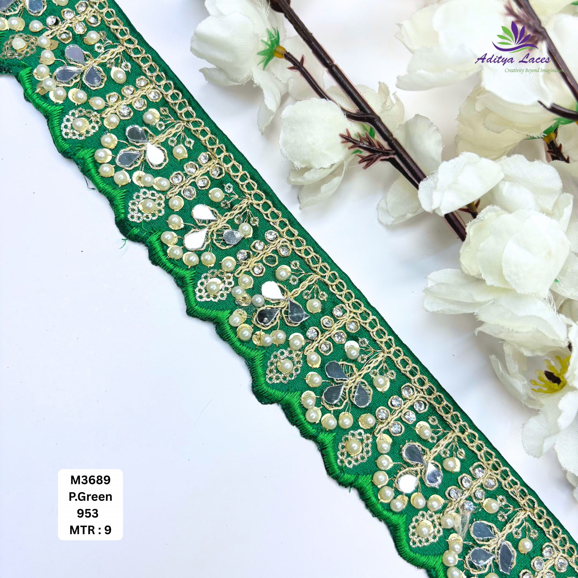 Cream Malbari Pearl Mirror Work Lace Trim Designer Saree Border Bridal Beads Lace Wholesale Supplier