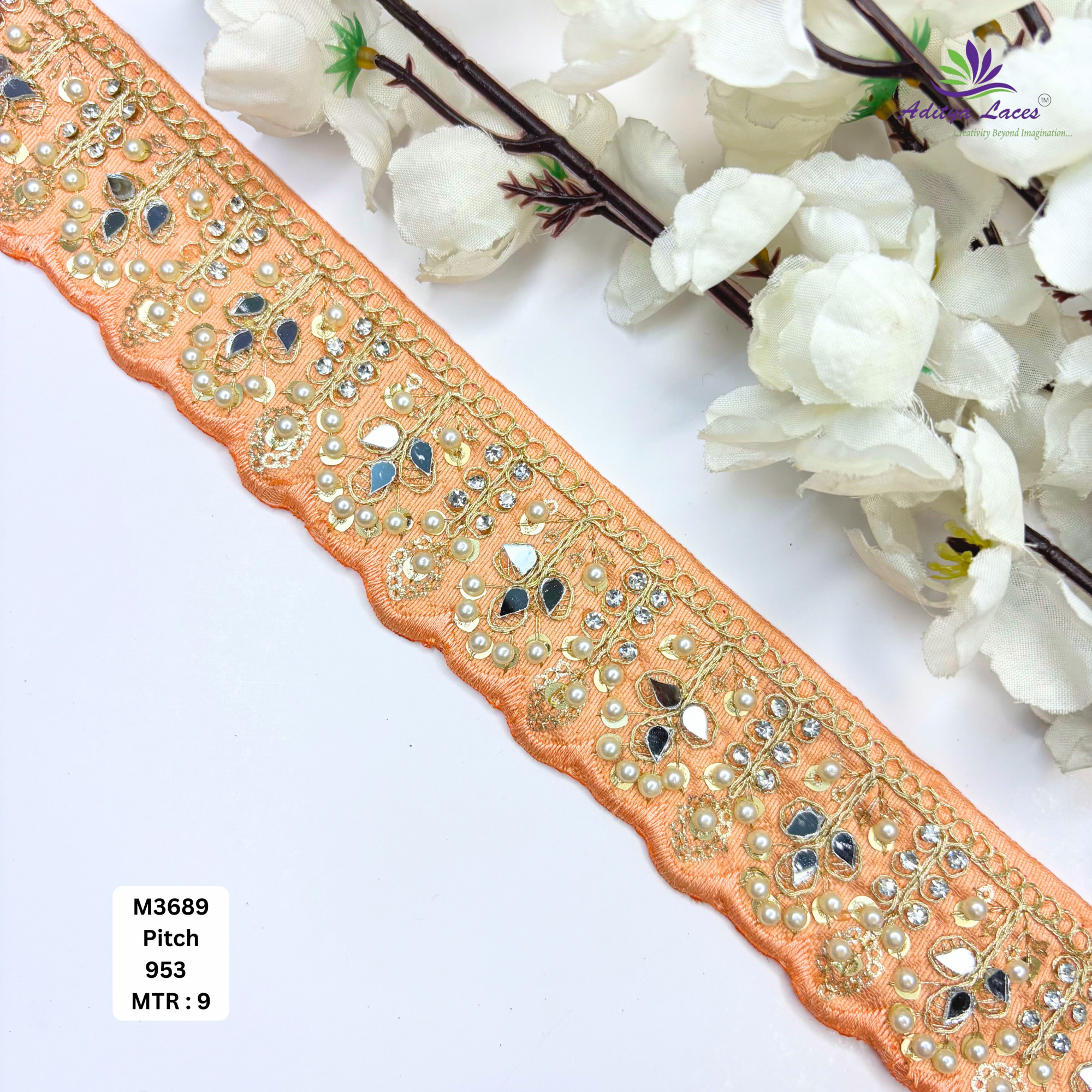 Cream Malbari Pearl Mirror Work Lace Trim Designer Saree Border Bridal Beads Lace Wholesale Supplier