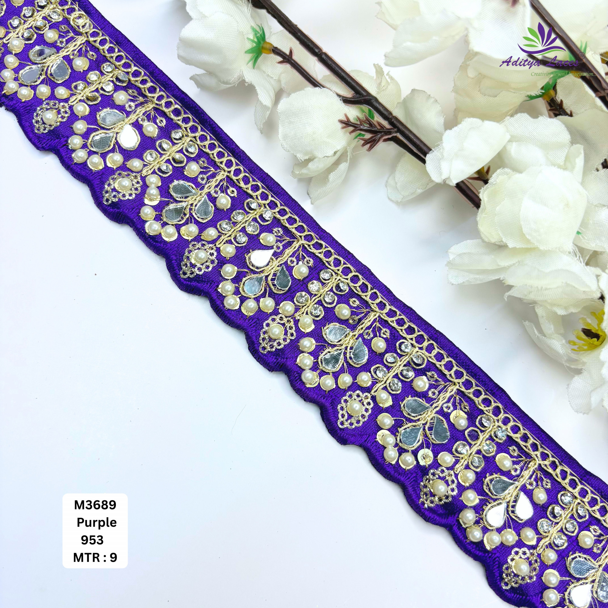 Cream Malbari Pearl Mirror Work Lace Trim Designer Saree Border Bridal Beads Lace Wholesale Supplier