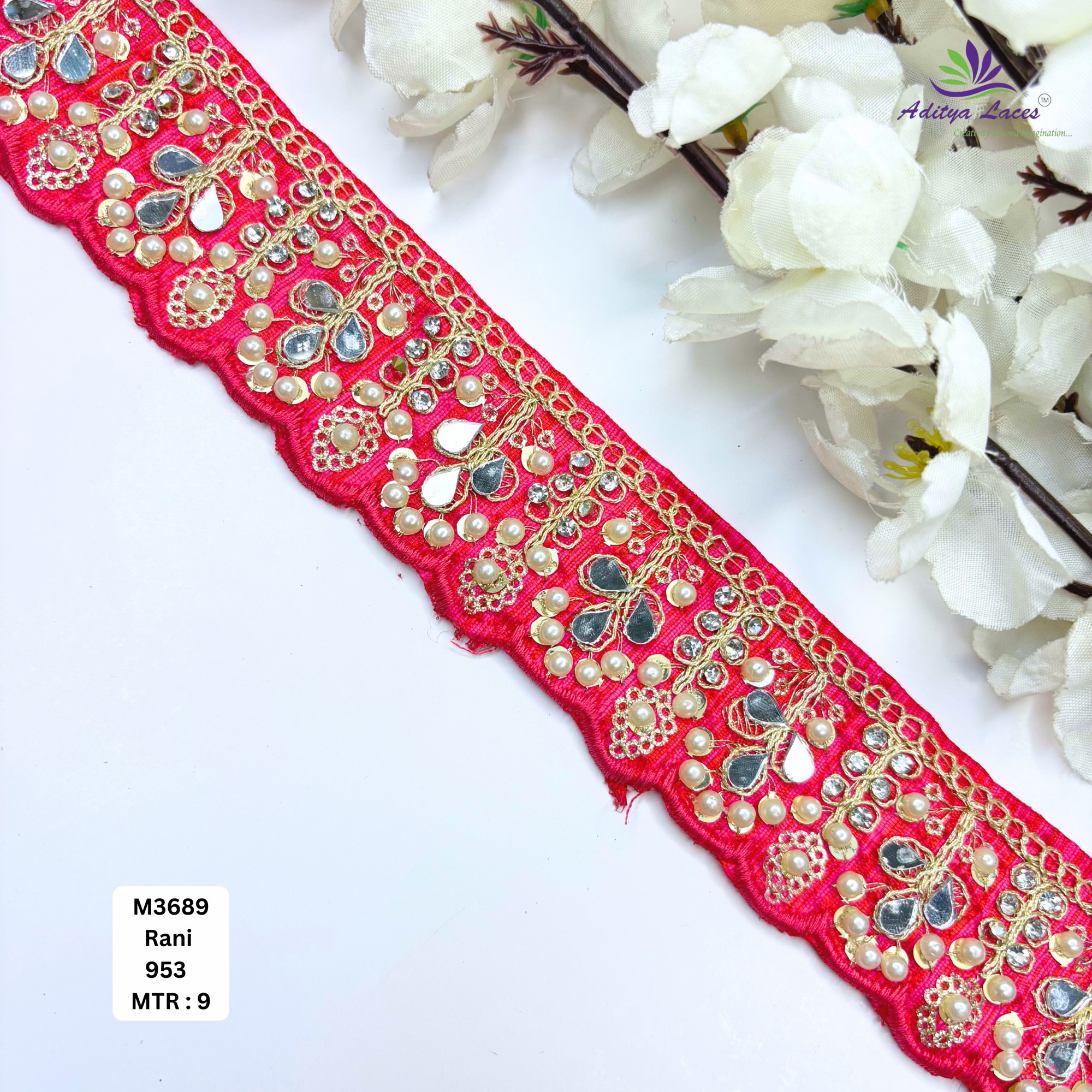 Cream Malbari Pearl Mirror Work Lace Trim Designer Saree Border Bridal Beads Lace Wholesale Supplier